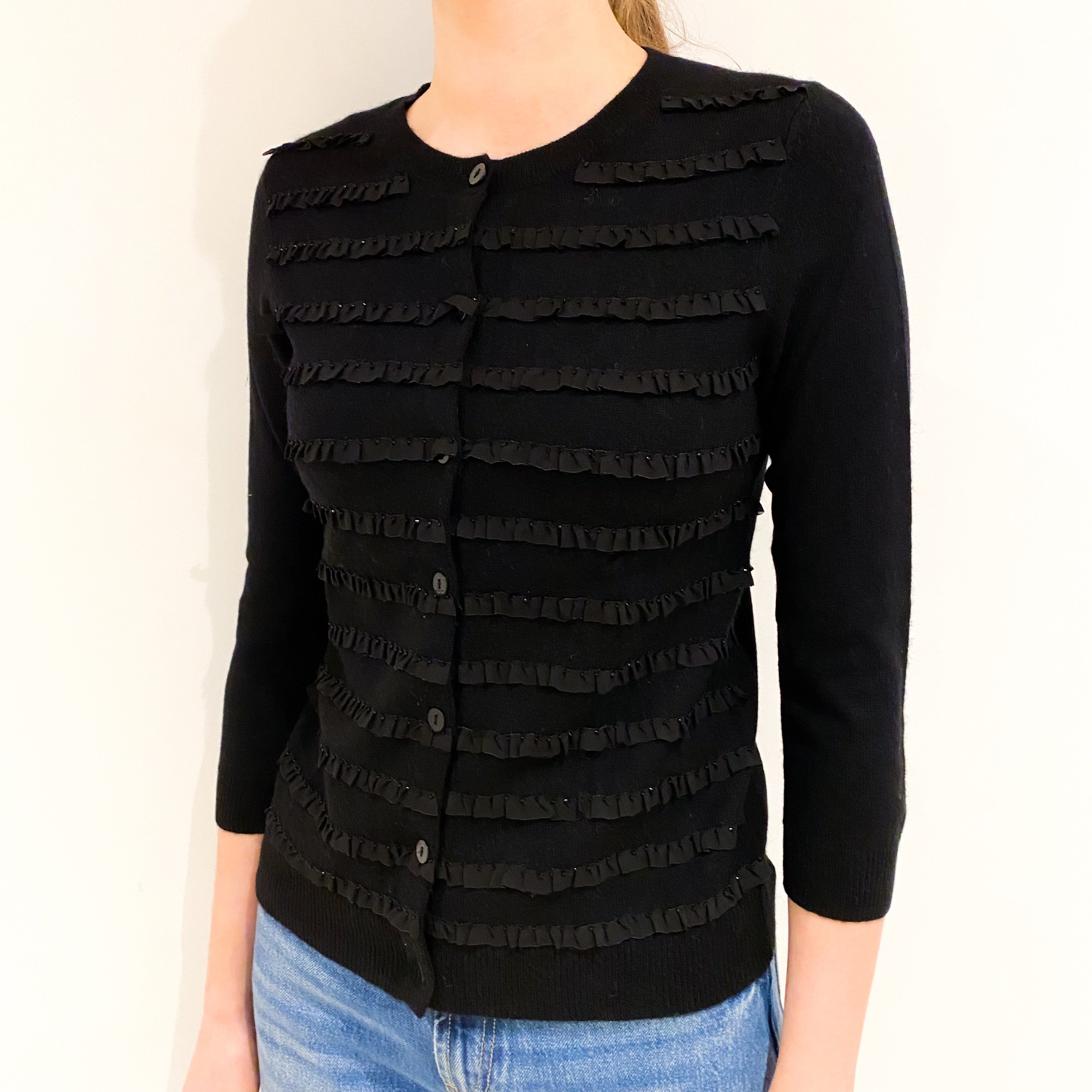 Black Frilly Crew Neck Cardigan Extra Small