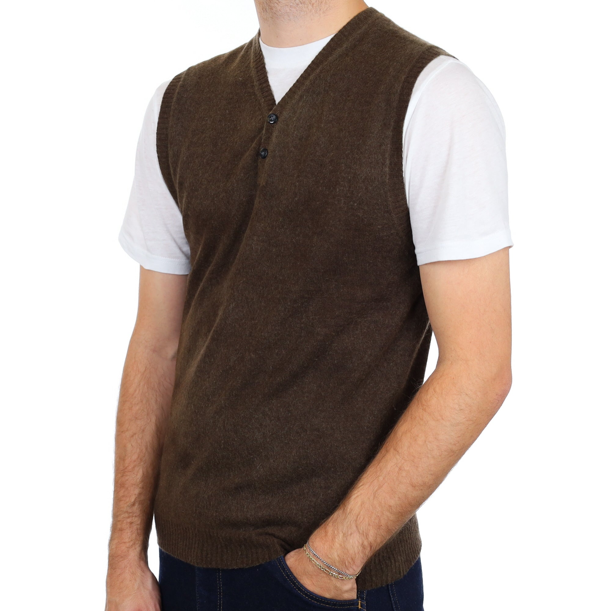 Men's Mole Brown Cashmere 1/4 Button V Neck Sleeveless Jumper Medium