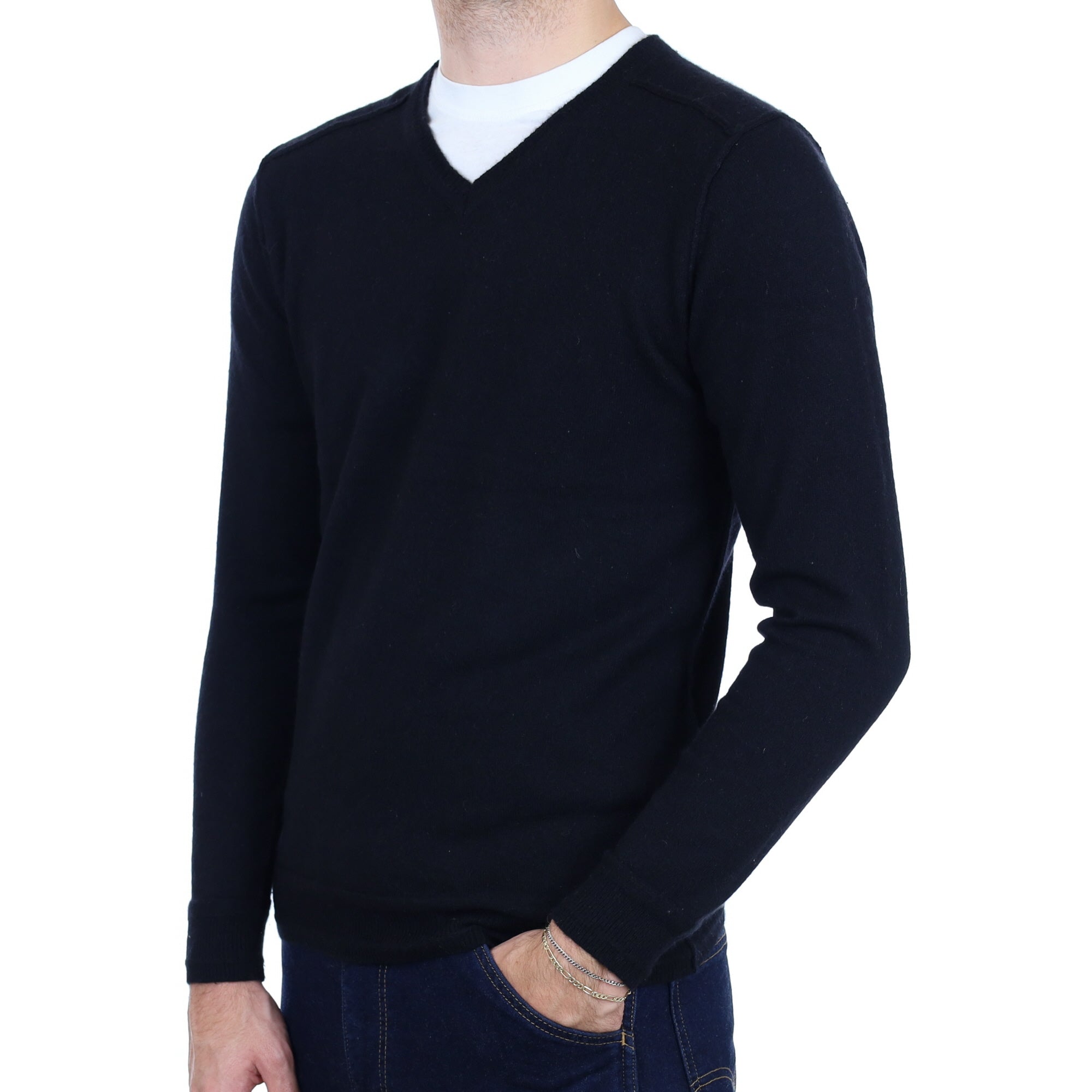 Men's Black Cashmere V Neck Jumper Medium