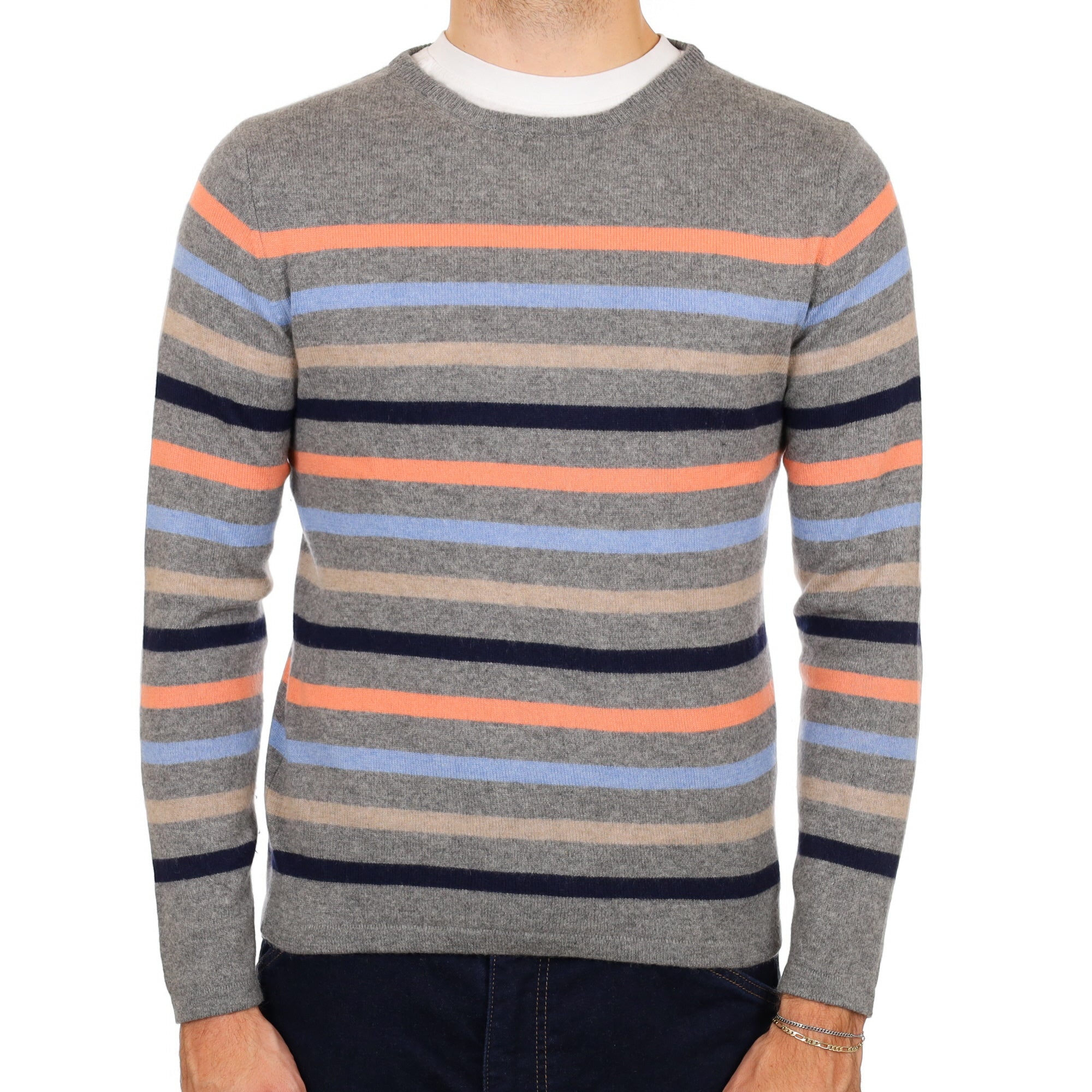 Men's Smoke Grey Striped Cashmere Crew Neck Jumper Medium