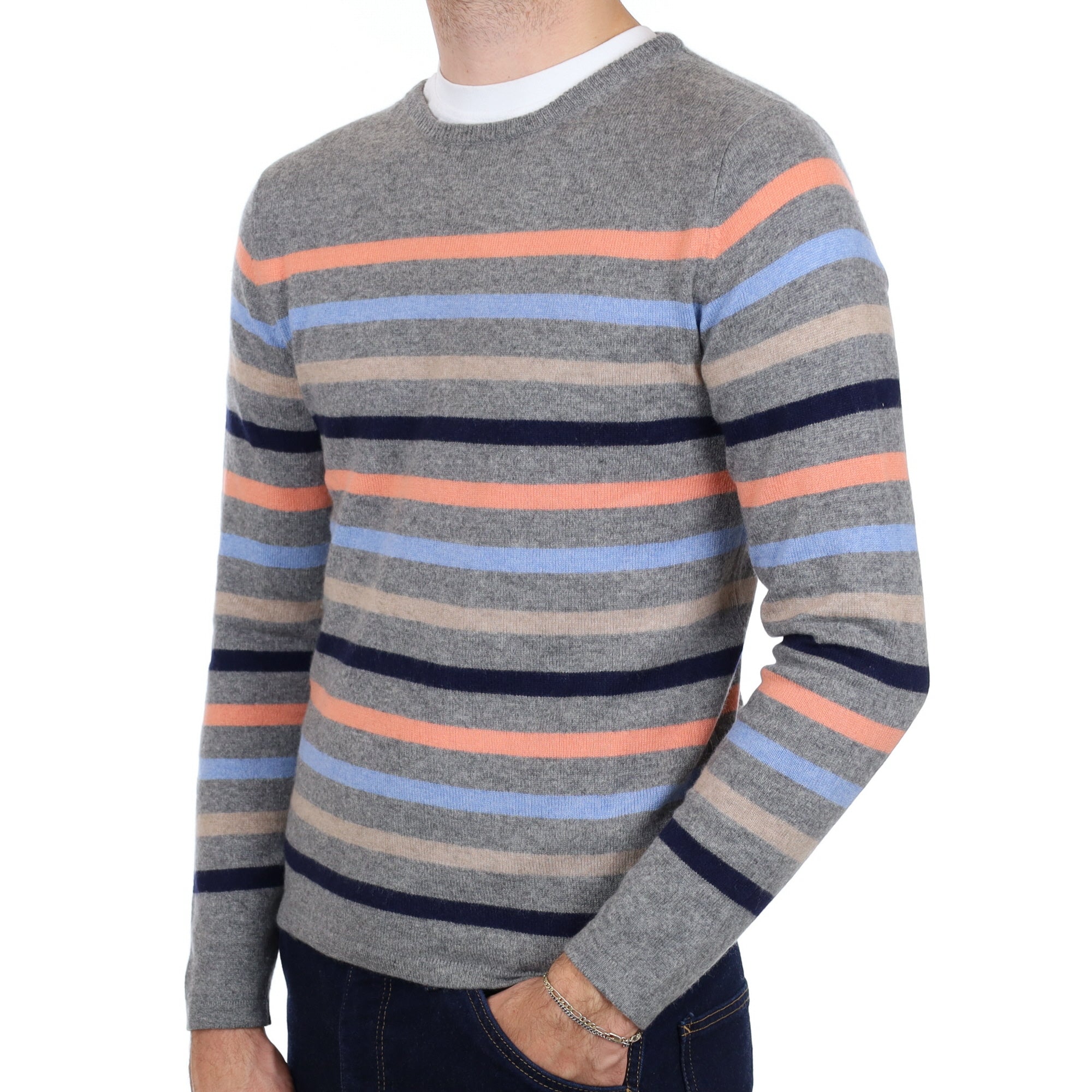 Men's Smoke Grey Striped Cashmere Crew Neck Jumper Medium