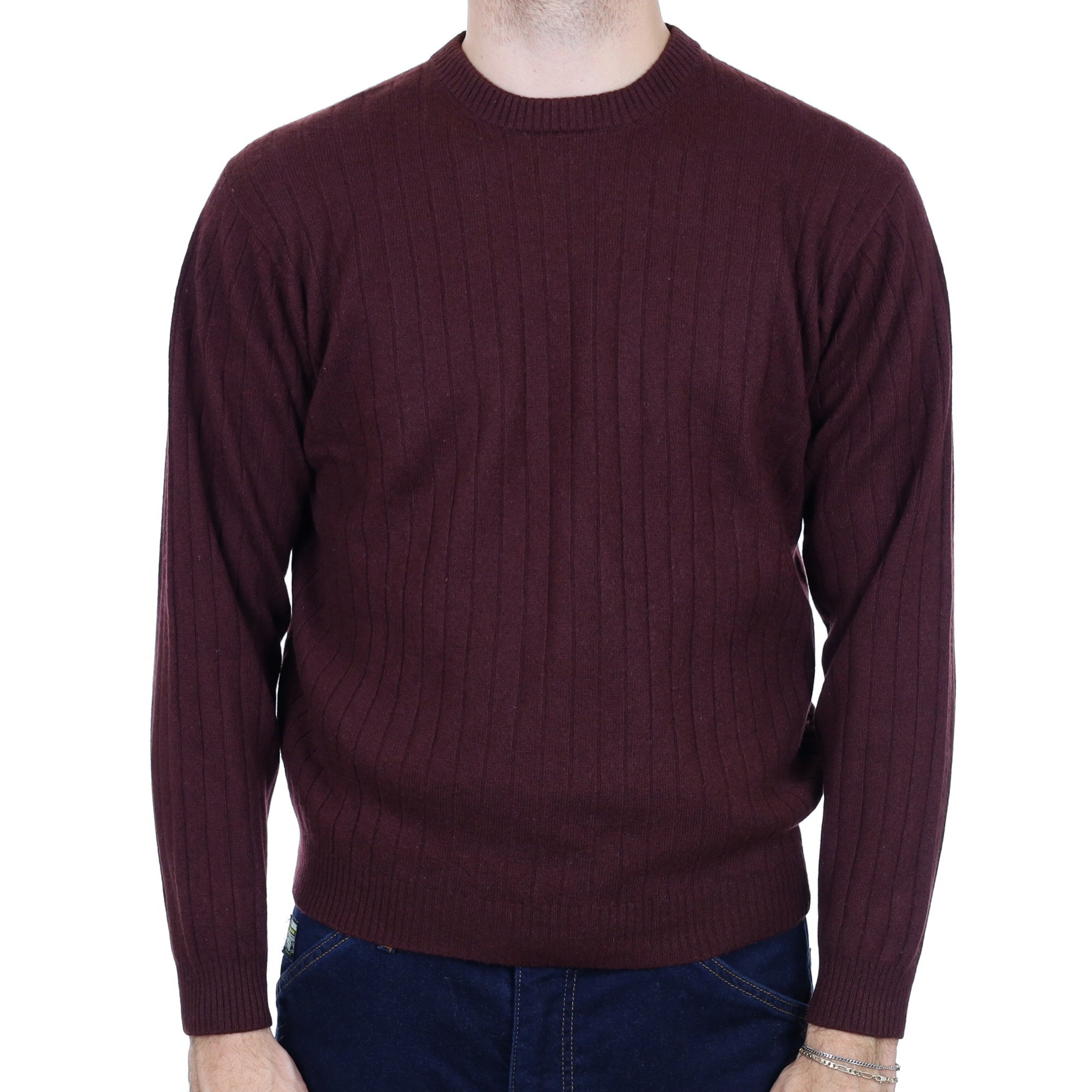 Men's Maroon Purple Cashmere Crew Neck Ribbed Knit Jumper Large