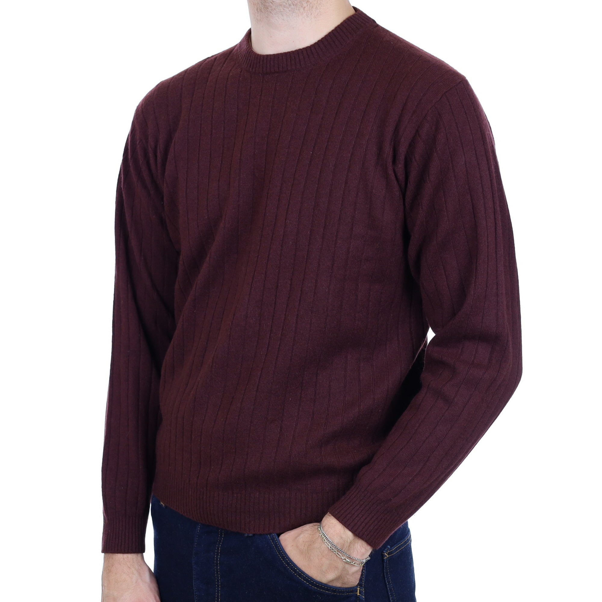 Men's Maroon Purple Cashmere Crew Neck Ribbed Knit Jumper Large