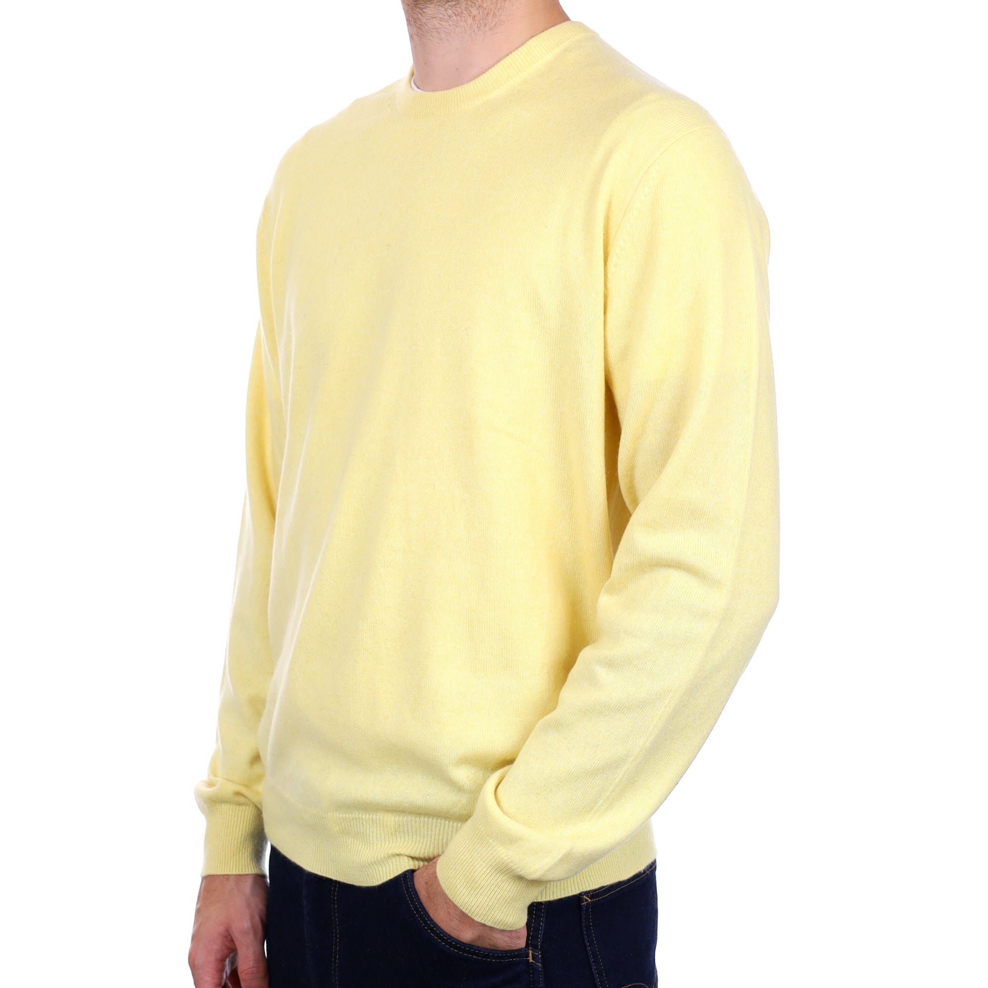 Men's Custard Yellow Cashmere Crew Neck Jumper Large