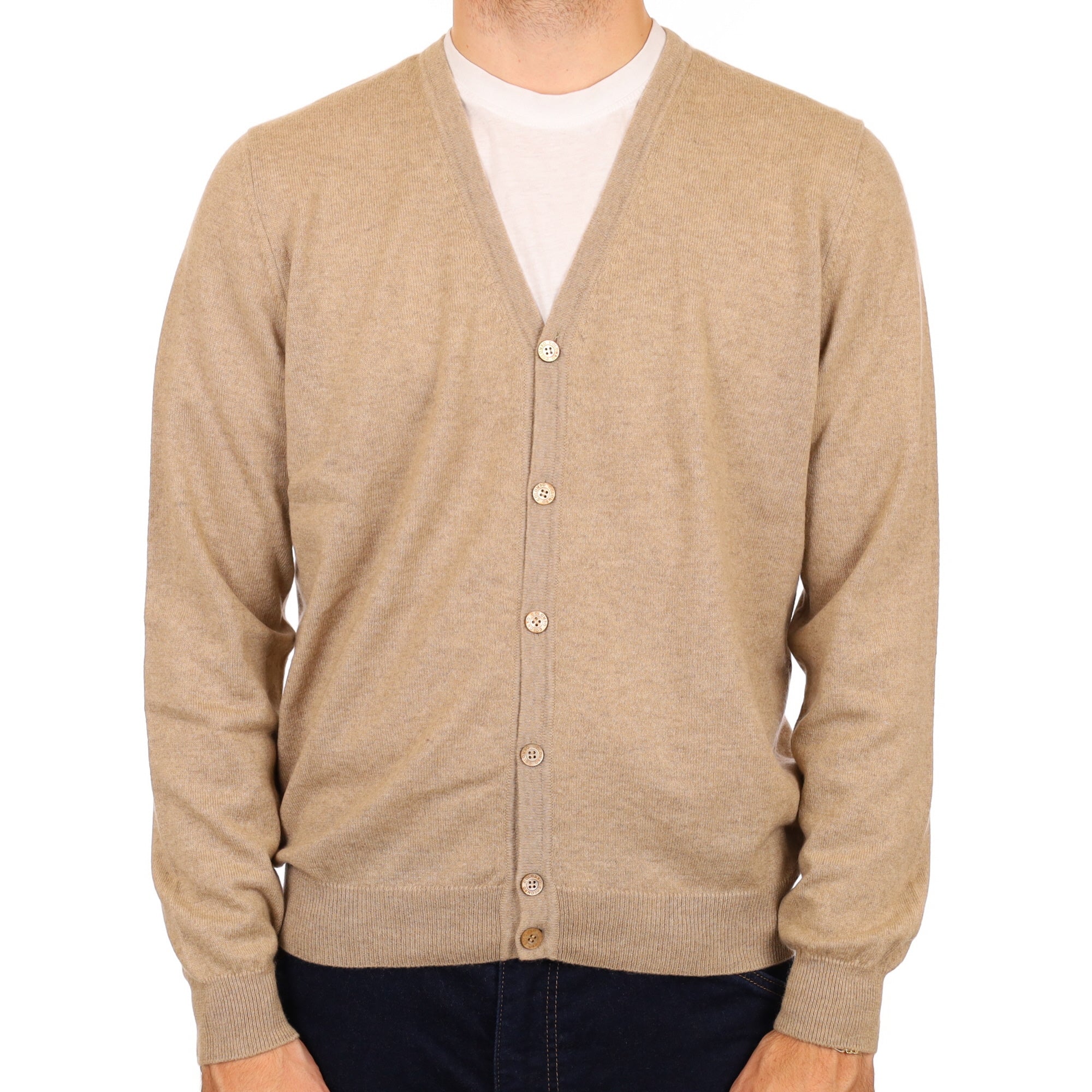 Men's Sand Beige Cashmere V Neck Cardigan Large