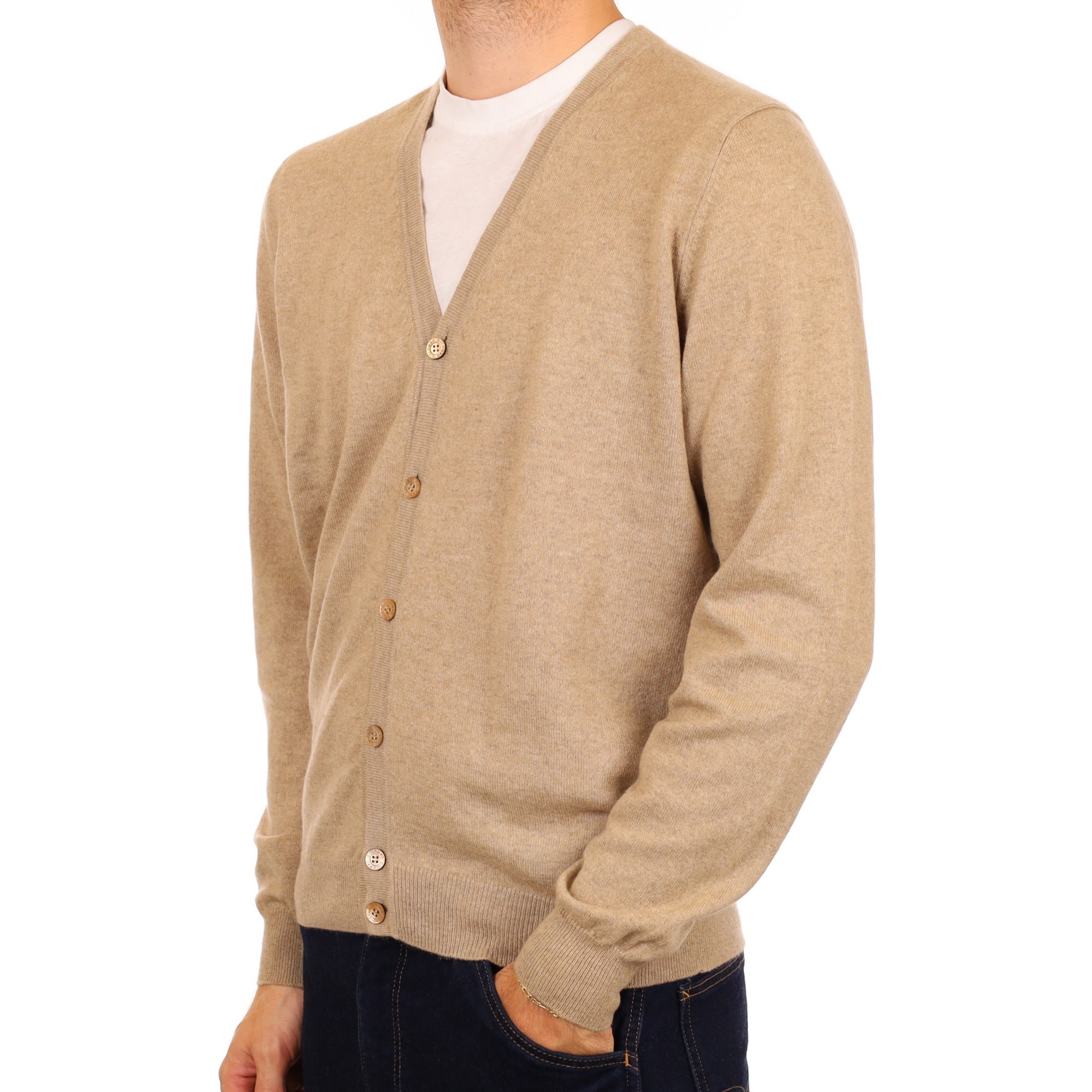 Men's Sand Beige Cashmere V Neck Cardigan Large