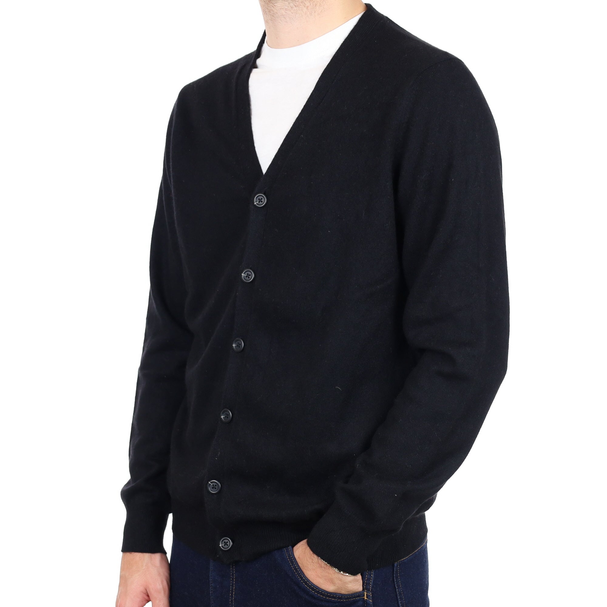 Men's Black Cashmere V Neck Cardigan Large