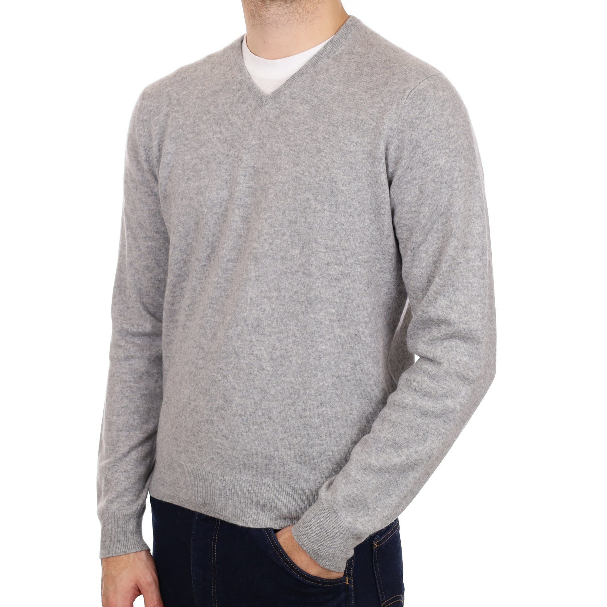 Men's Smoke Grey Cashmere V Neck Jumper Large