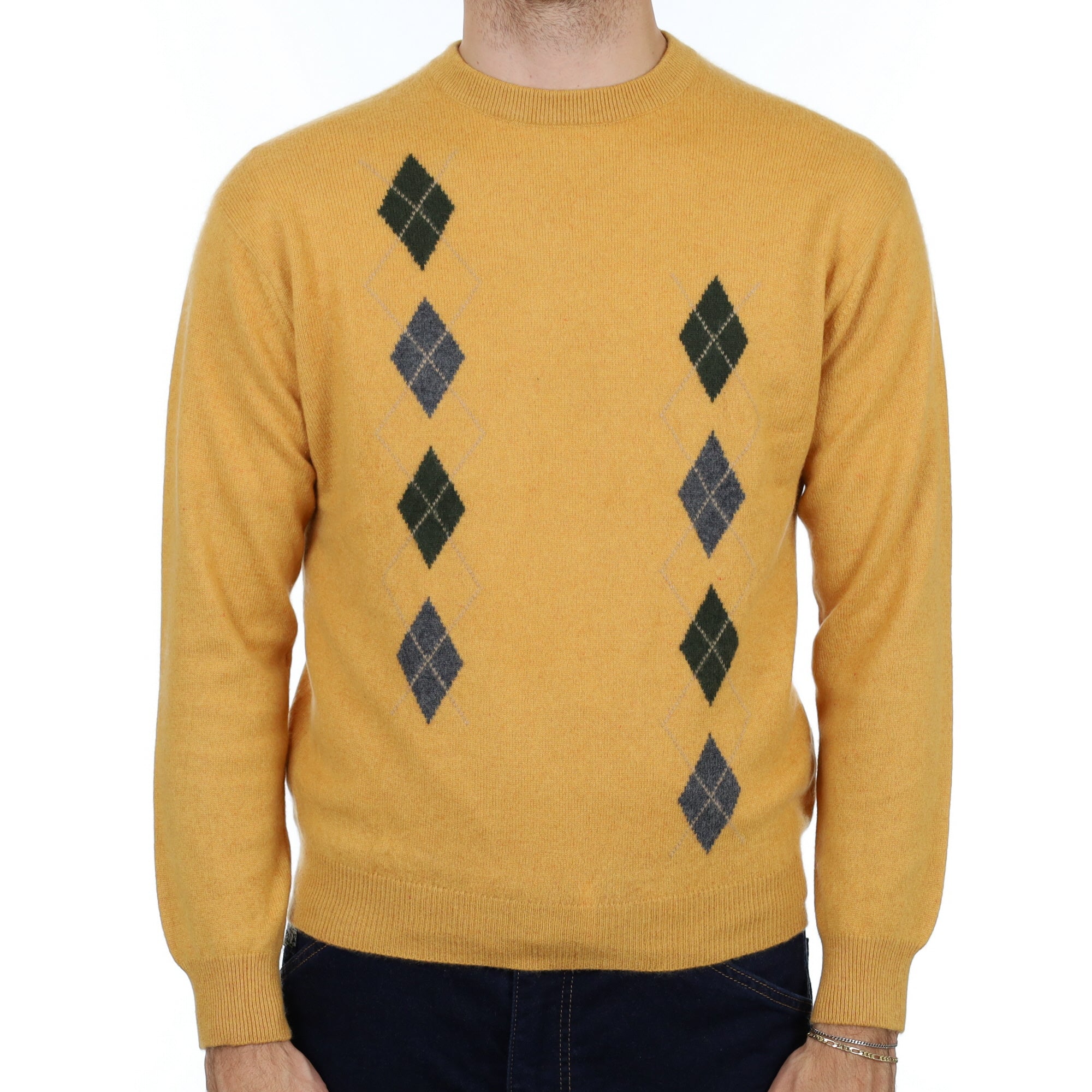 Men's Goldfinch Yellow Patterned Cashmere Crew Neck Jumper Medium