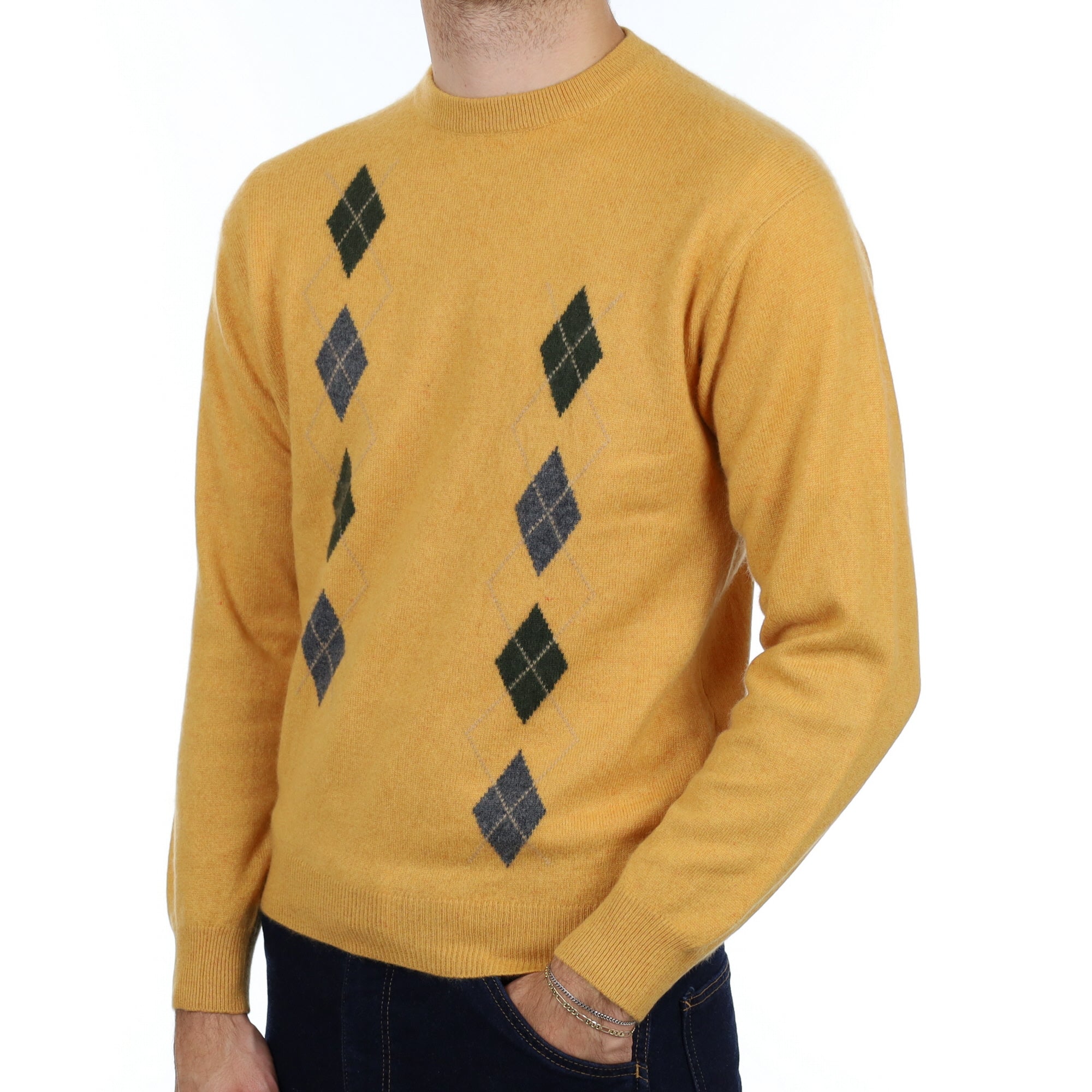 Men's Goldfinch Yellow Patterned Cashmere Crew Neck Jumper Medium