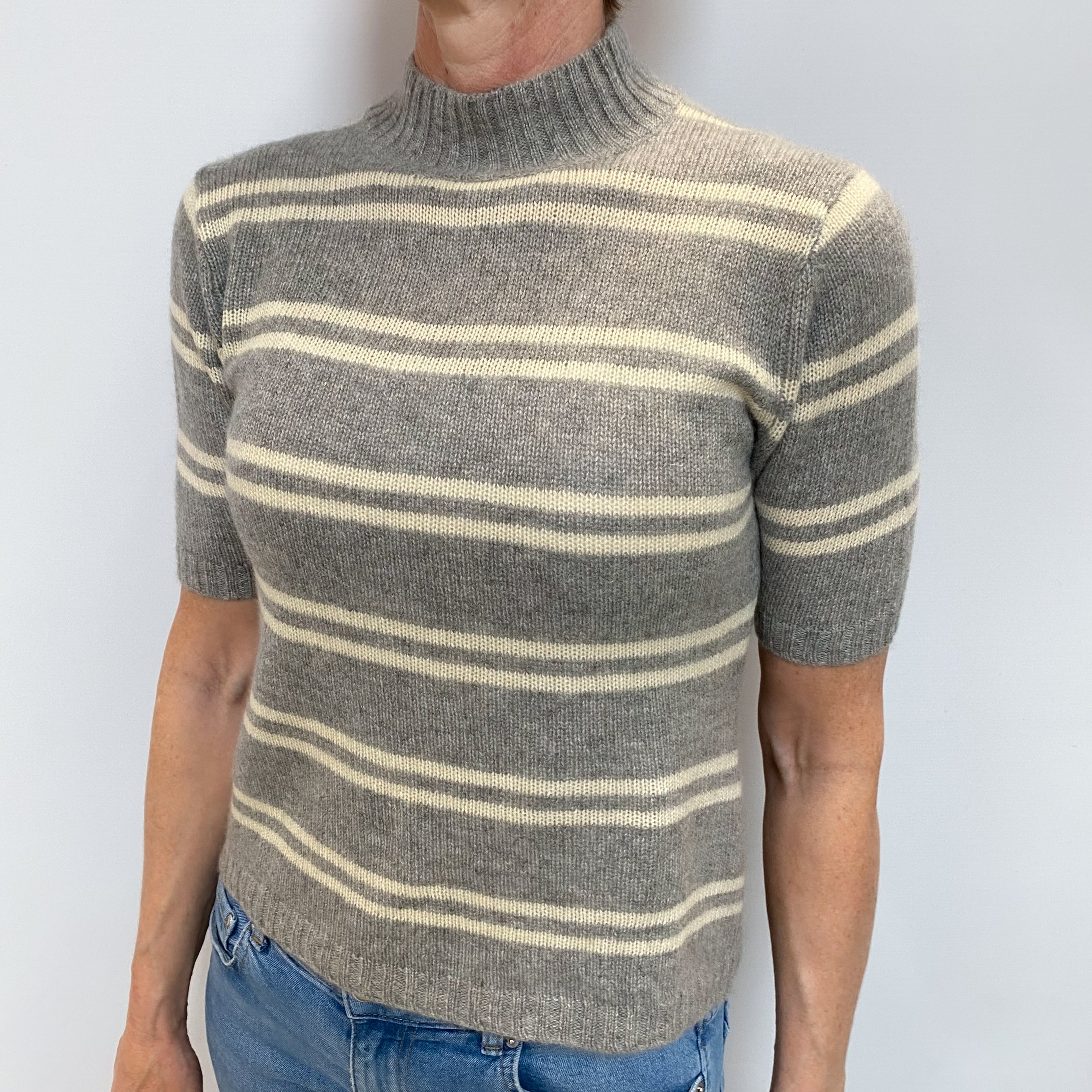 Grey Striped Cashmere Turtle Neck Jumper Small