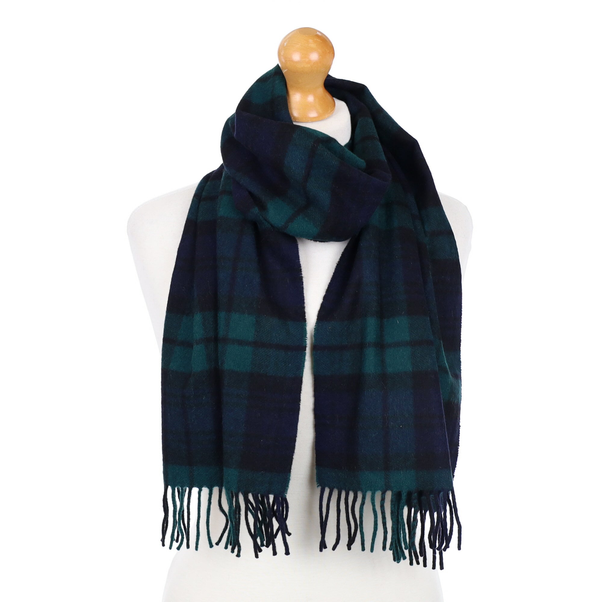 Navy and Green Checked Fringed Cashmere Woven Scarf