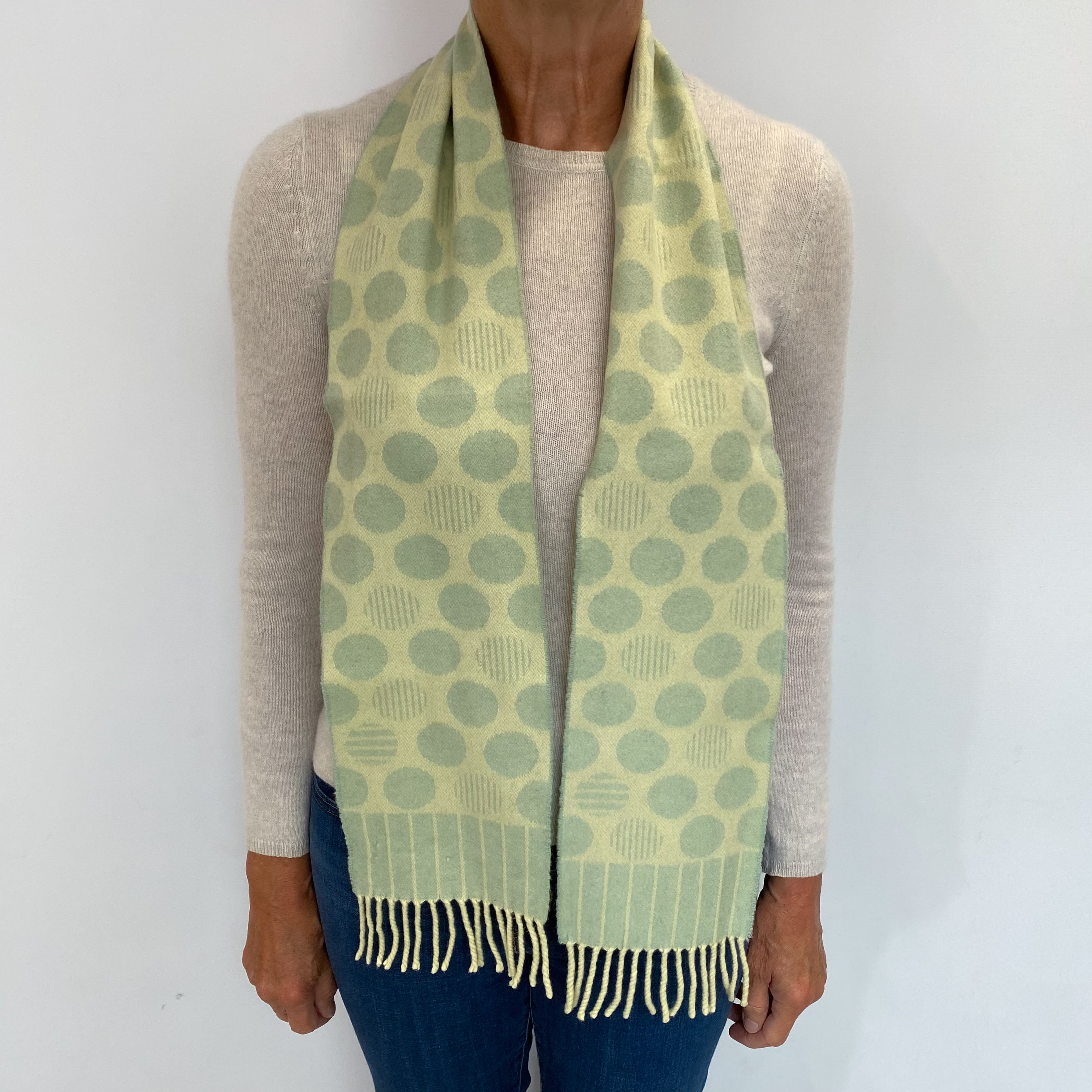 Mint and Pistachio Patterned Cashmere Woven Fringed Scarf