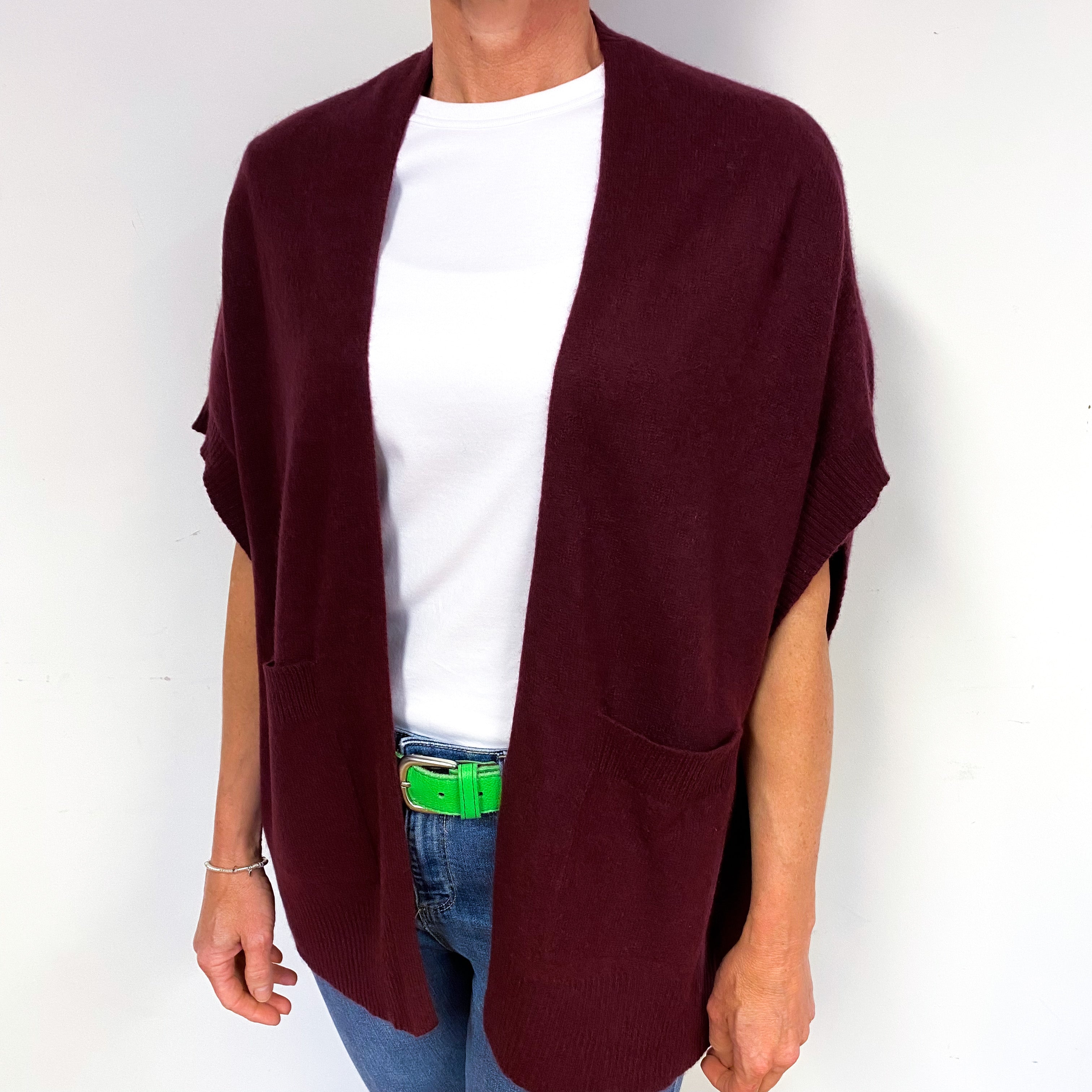 Wine Red Slouchy Capped Sleeve Cashmere Cardigan One Size