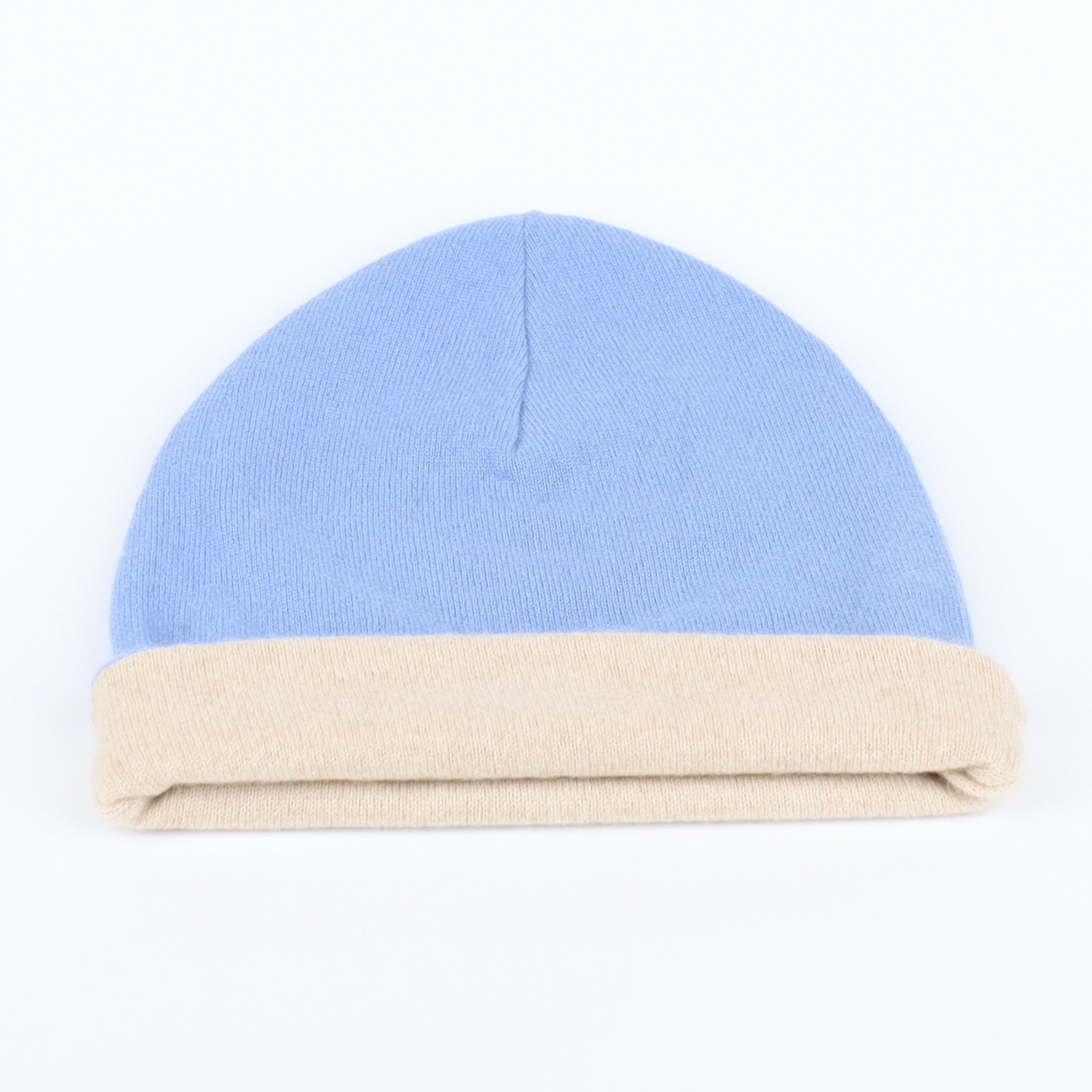 Oatmeal and Sky Blue Reversible Cashmere Beanie Hat