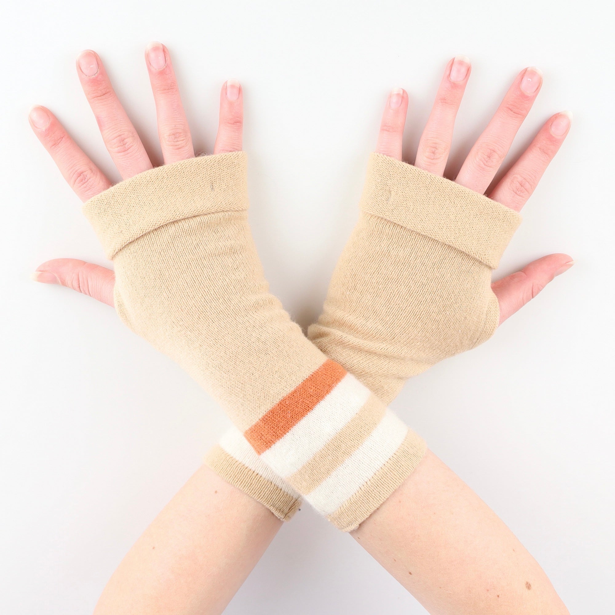 Caramel Striped Fingerless Gloves