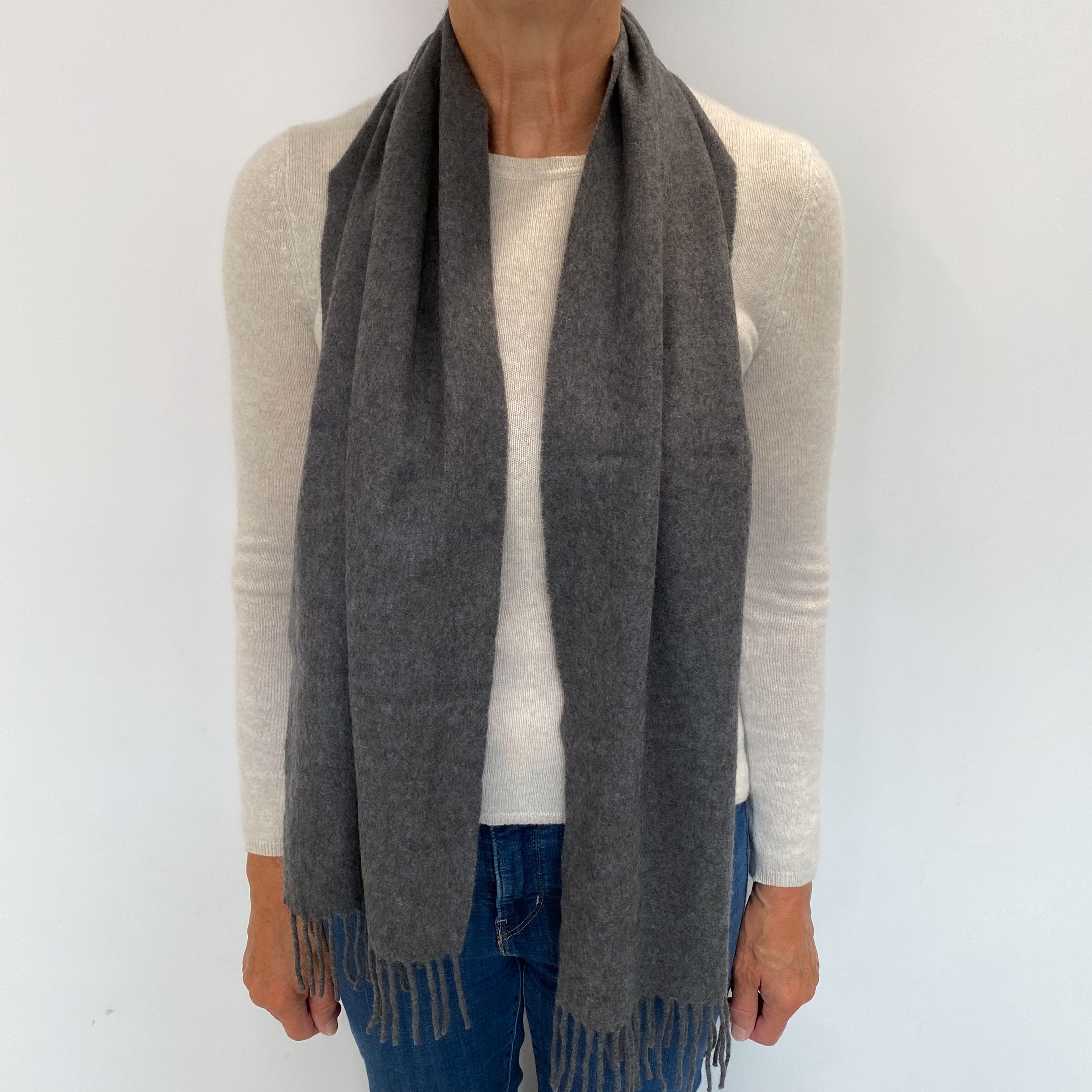 Slate Grey Cashmere Woven Fringed Scarf