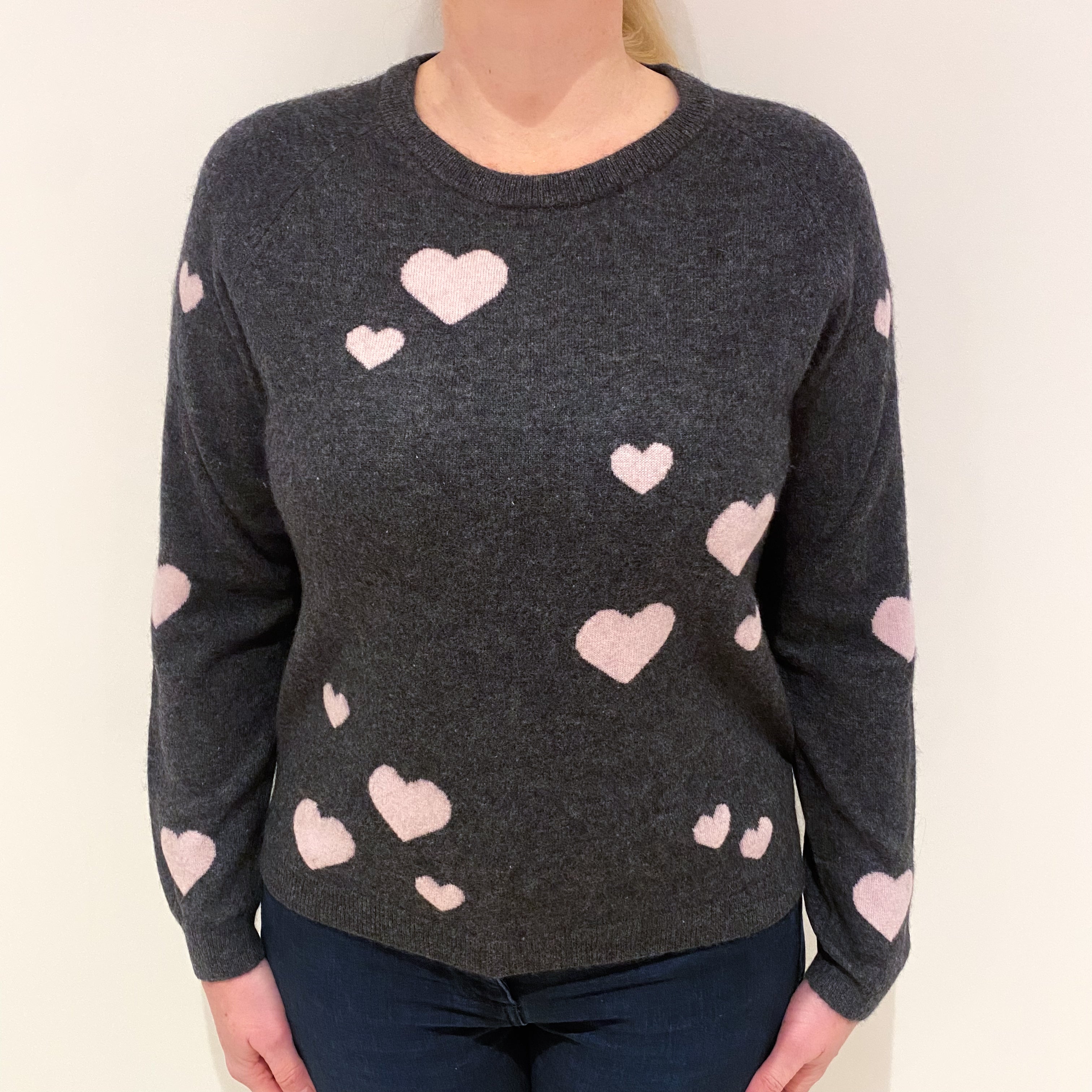 Slate Grey Pink Heart Cashmere Crew Neck Jumper Large