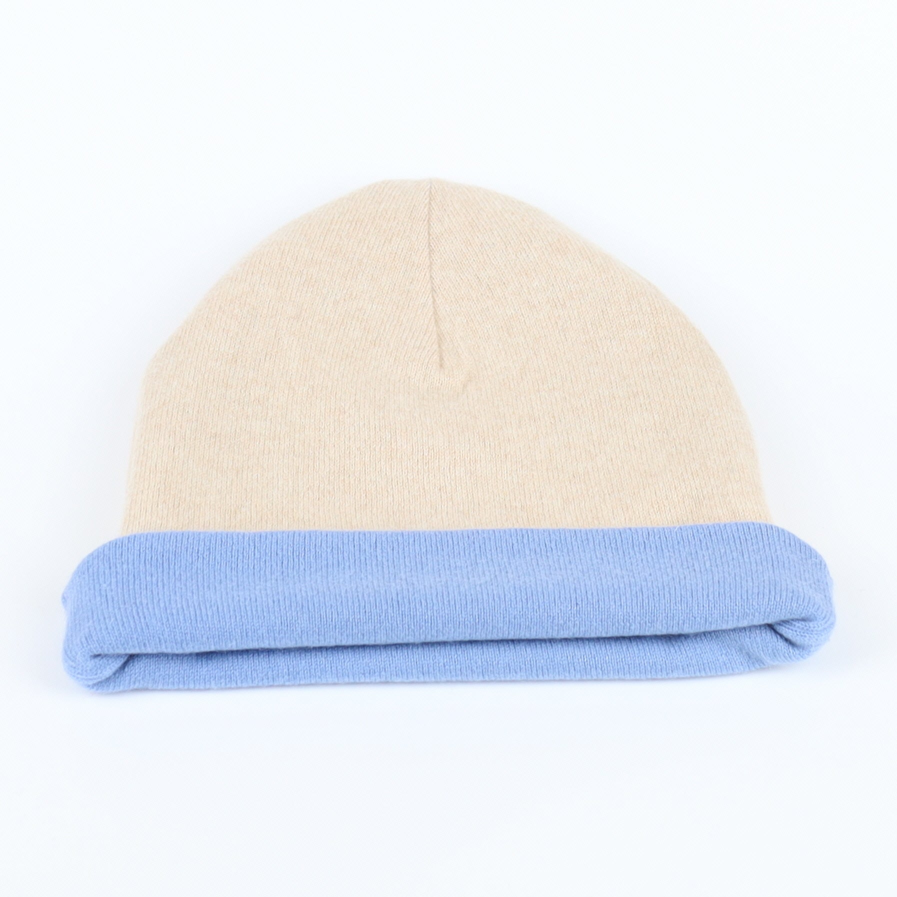 Oatmeal and Sky Blue Reversible Cashmere Beanie Hat