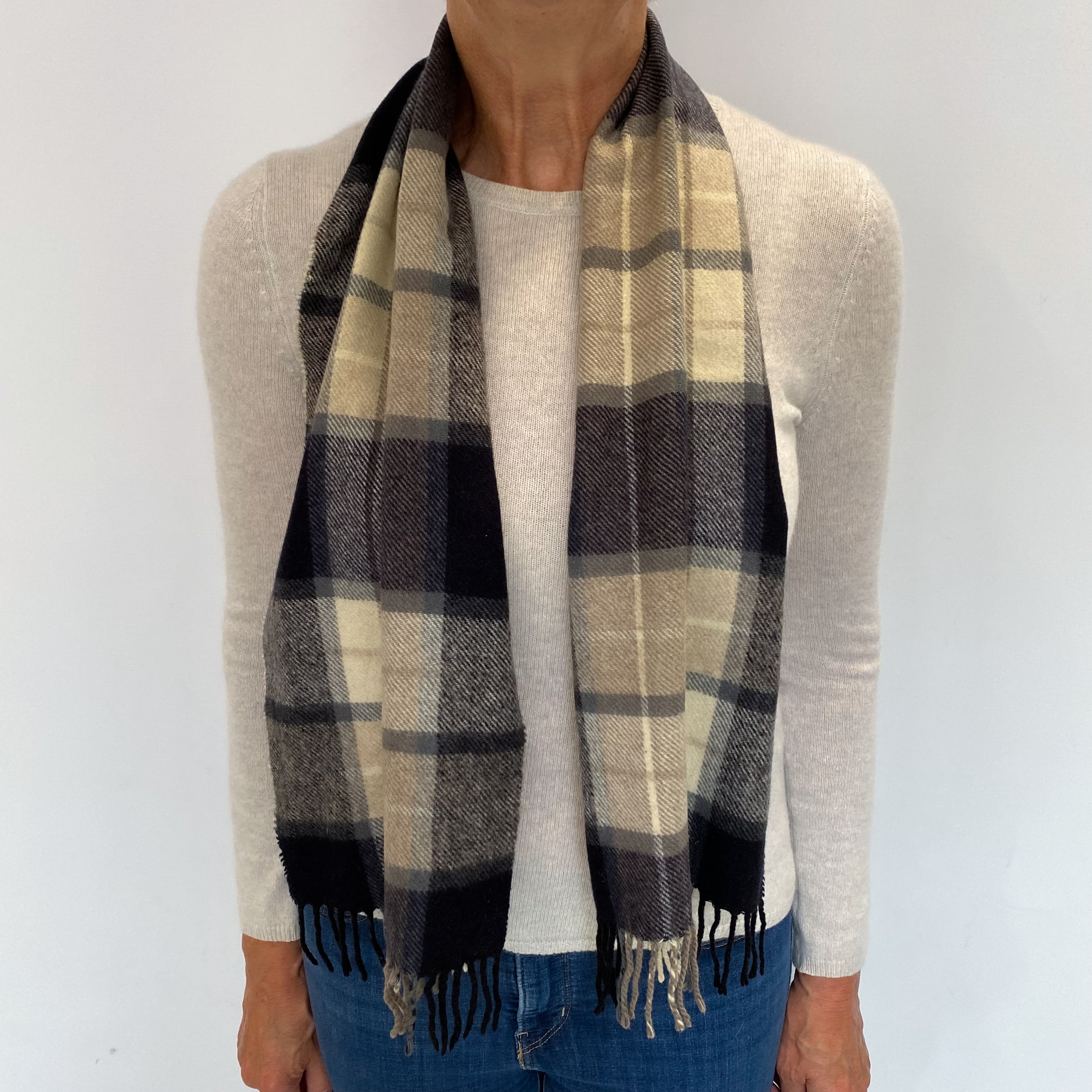 Navy and Brown Checked Cashmere Woven Fringed Scarf