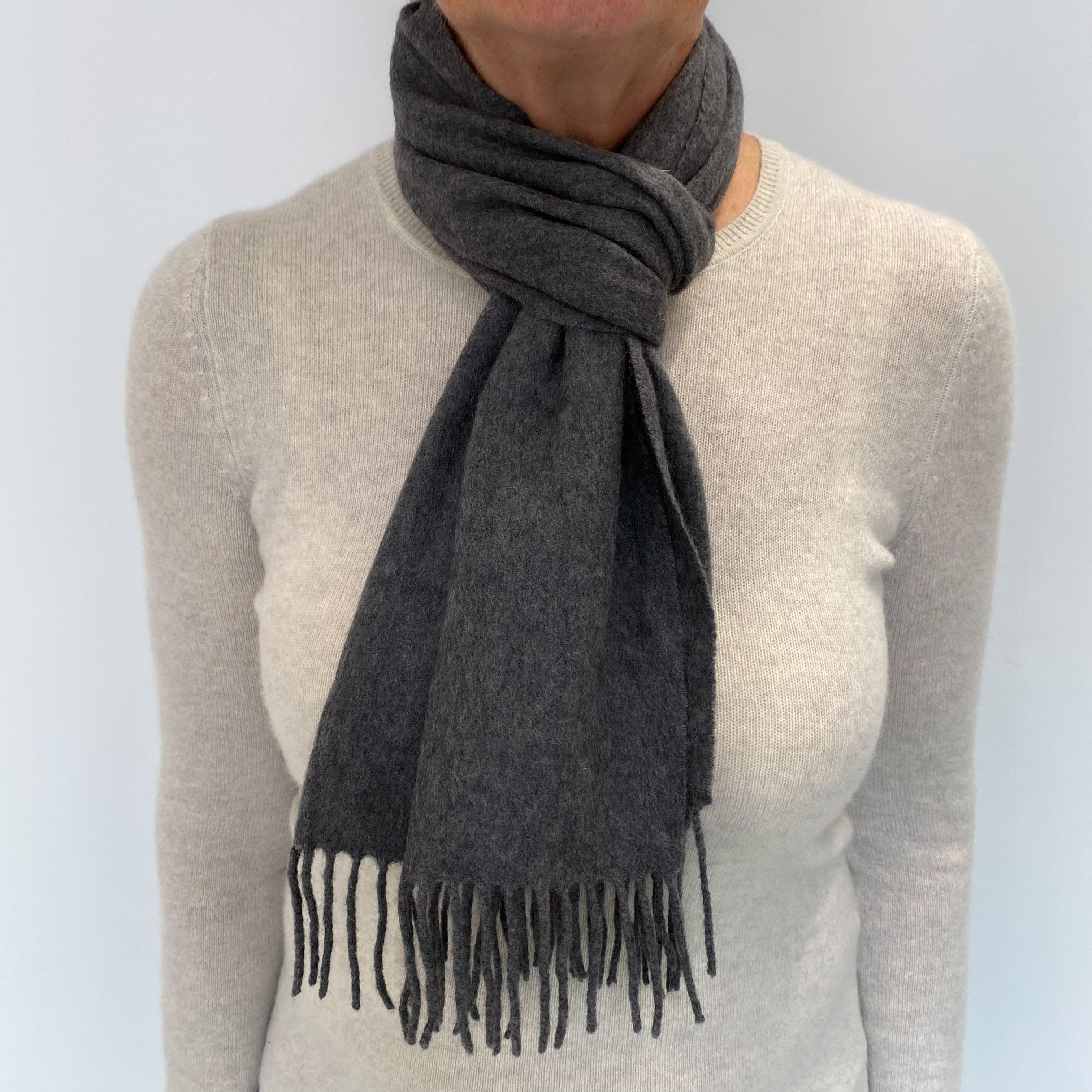 Slate Grey Cashmere Woven Fringed Scarf