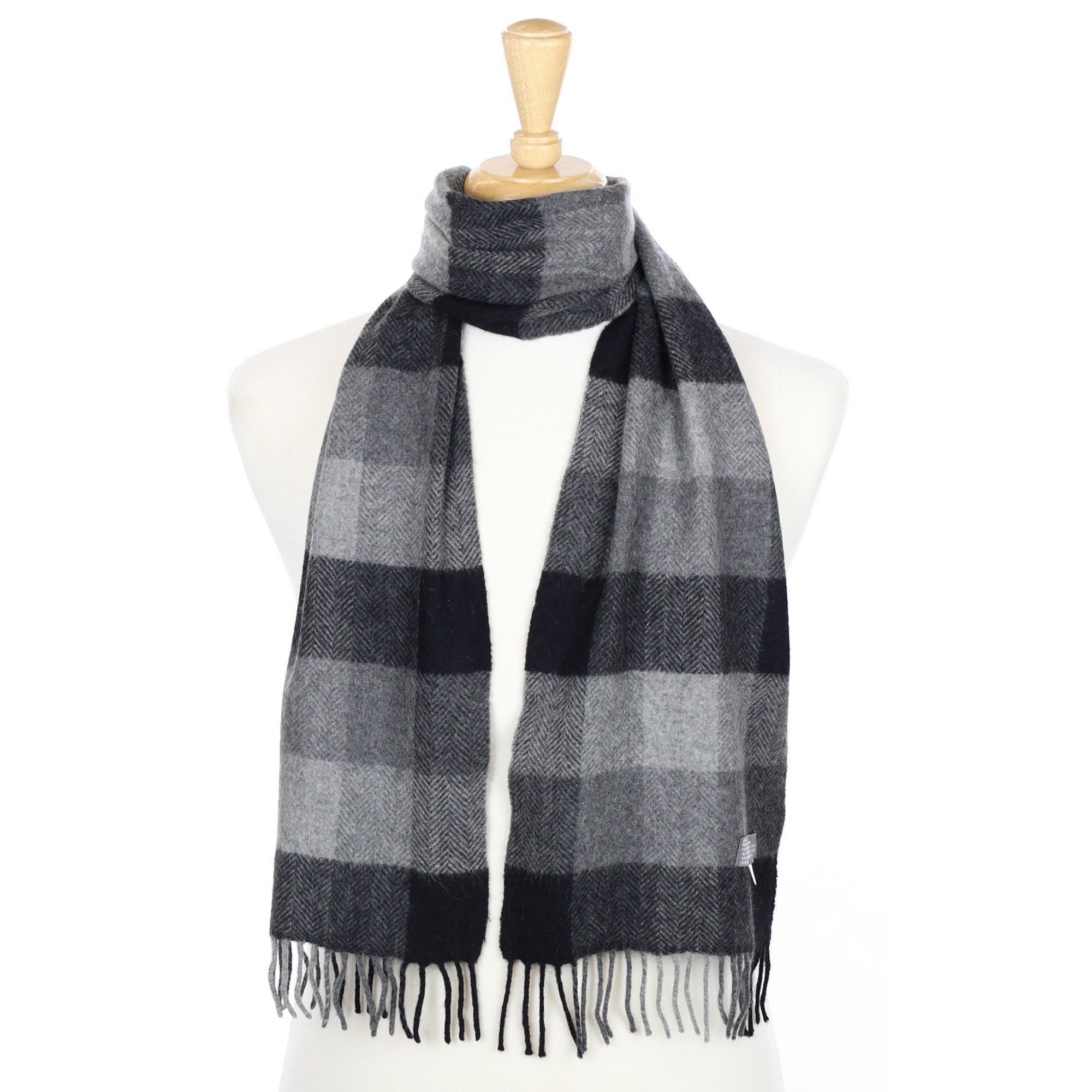 Grey and Black Checked Cashmere Fringed Woven Scarf