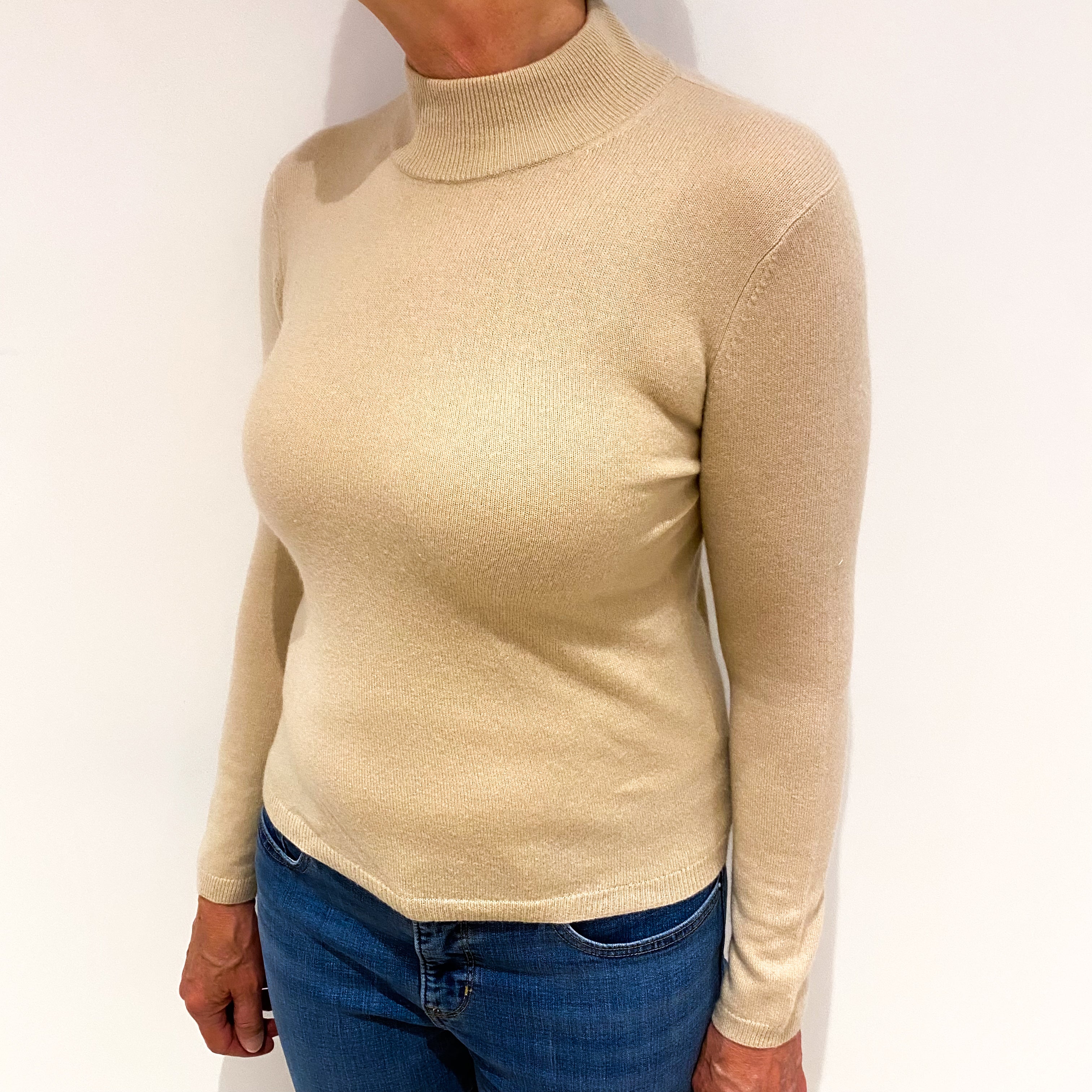 Sand Beige Cashmere Polo Neck Jumper Medium