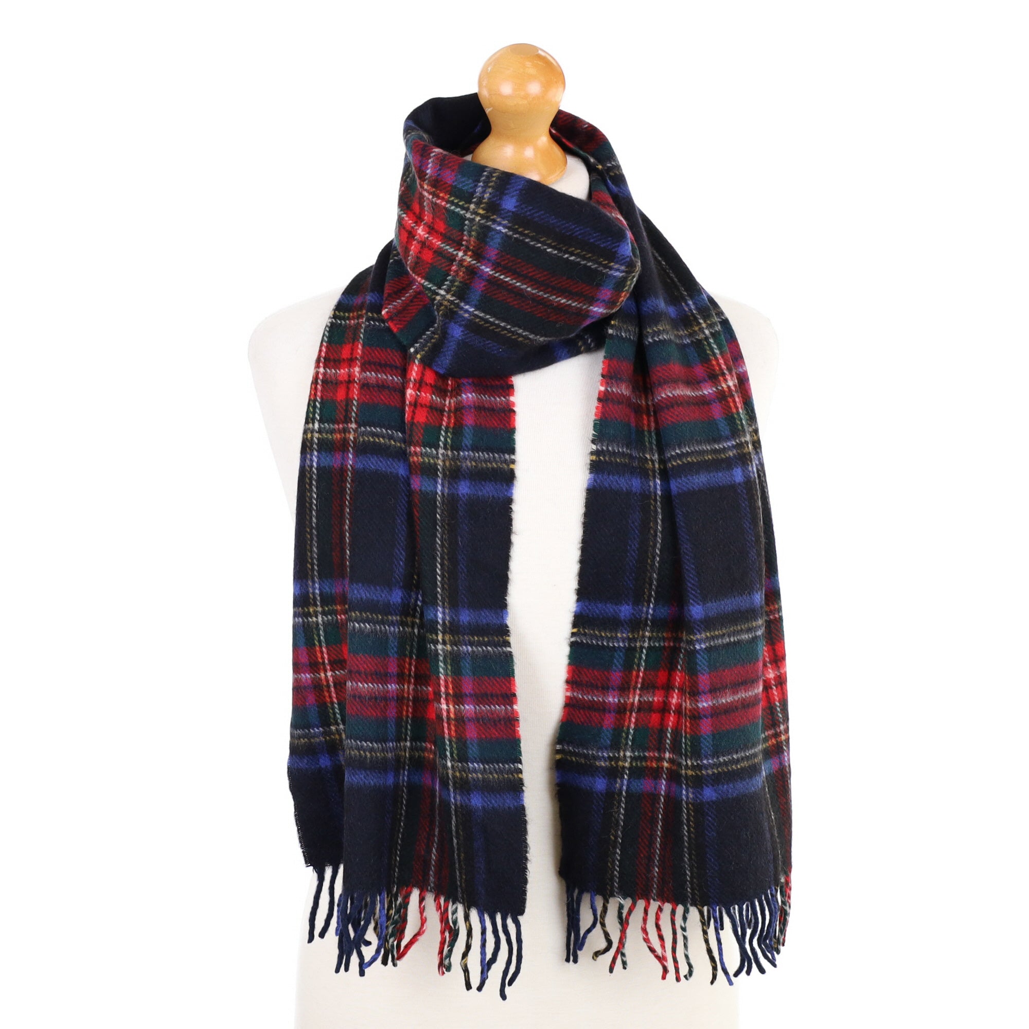 Navy and Red Tartan Fringed Cashmere Woven Scarf