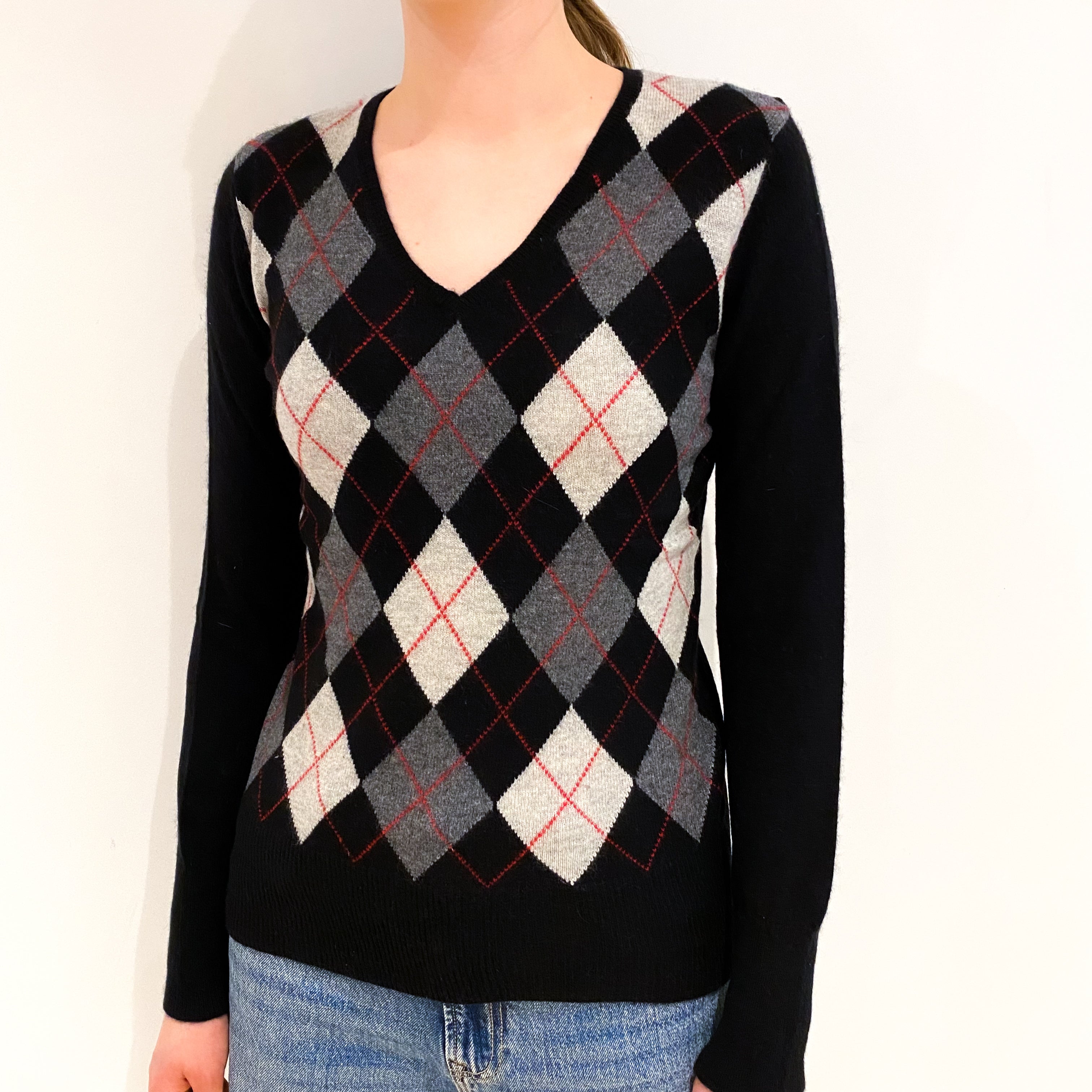 Black Argyle Cashmere V Neck Jumper Extra Small