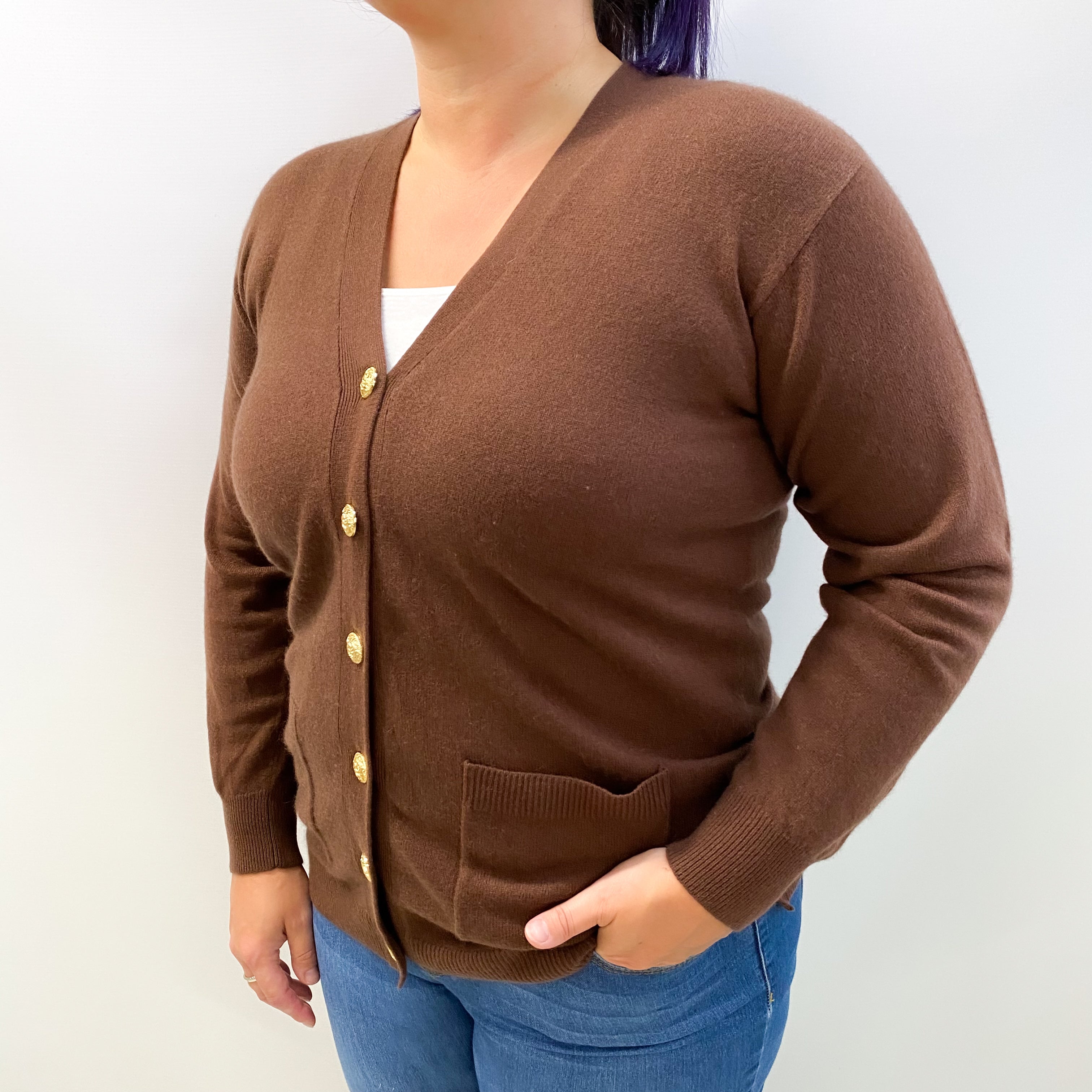 Walnut Brown Cashmere V Neck Cardigan Large