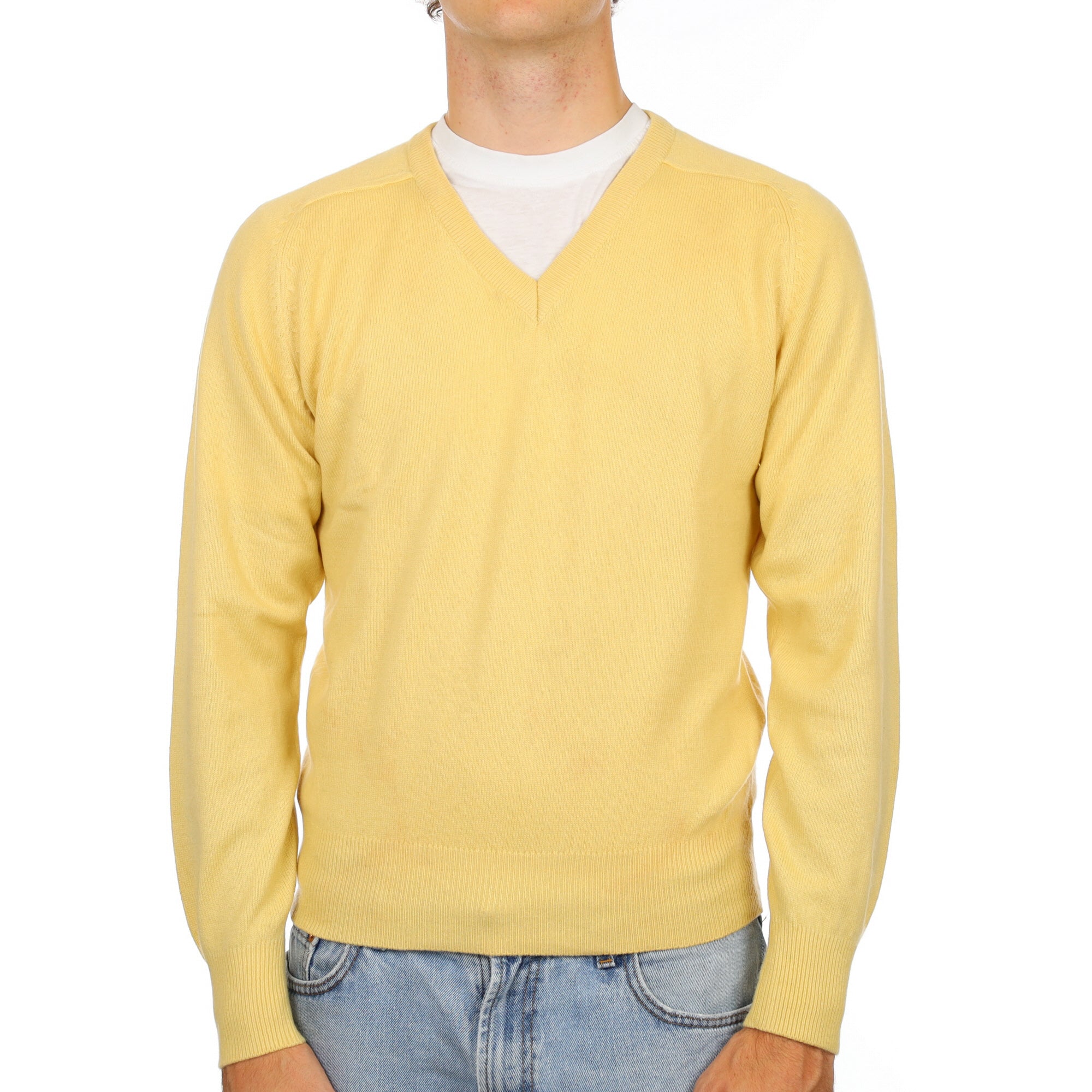 Men's Custard Yellow Cashmere V Neck Jumper Medium