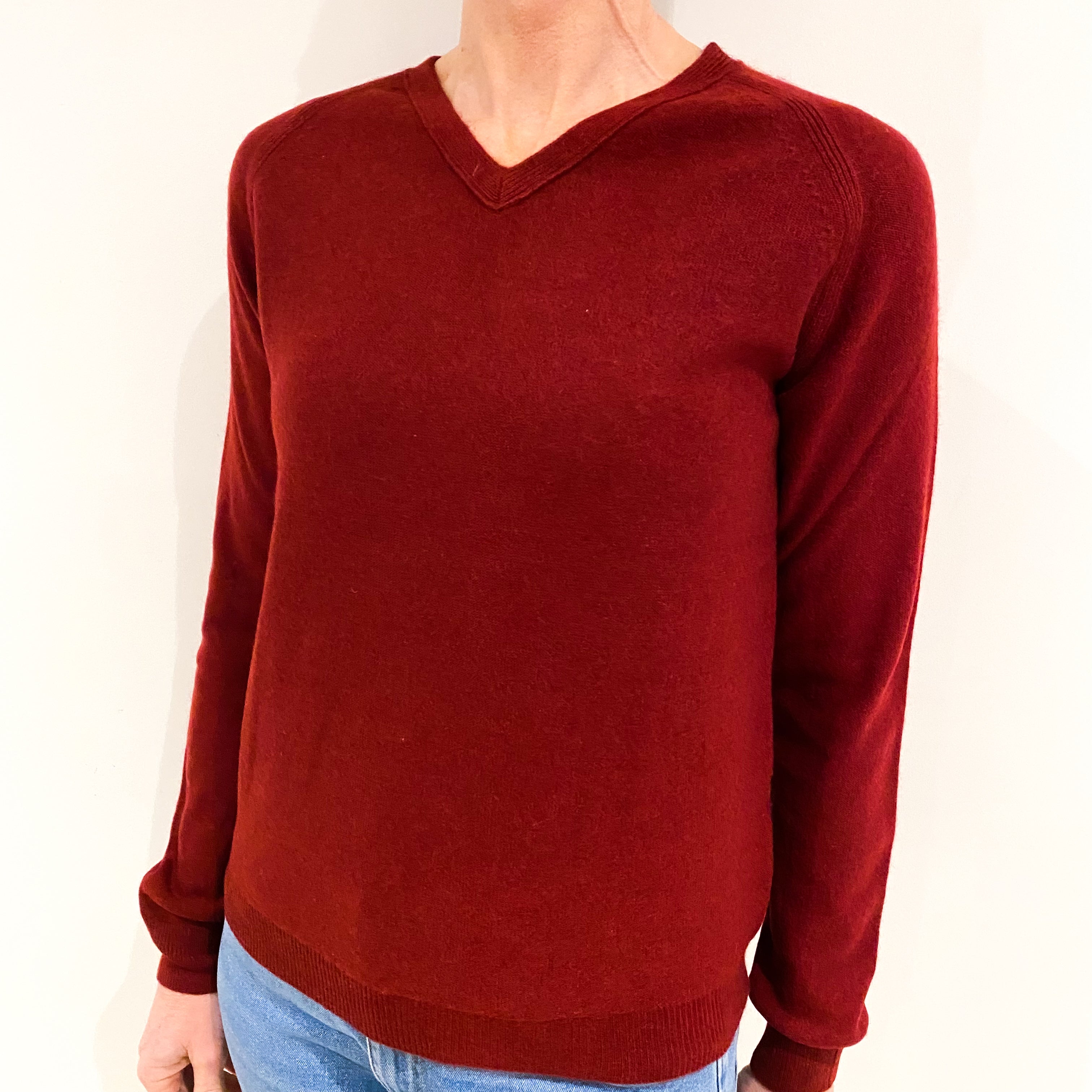 Burgundy Red Cashmere V Neck Jumper Small