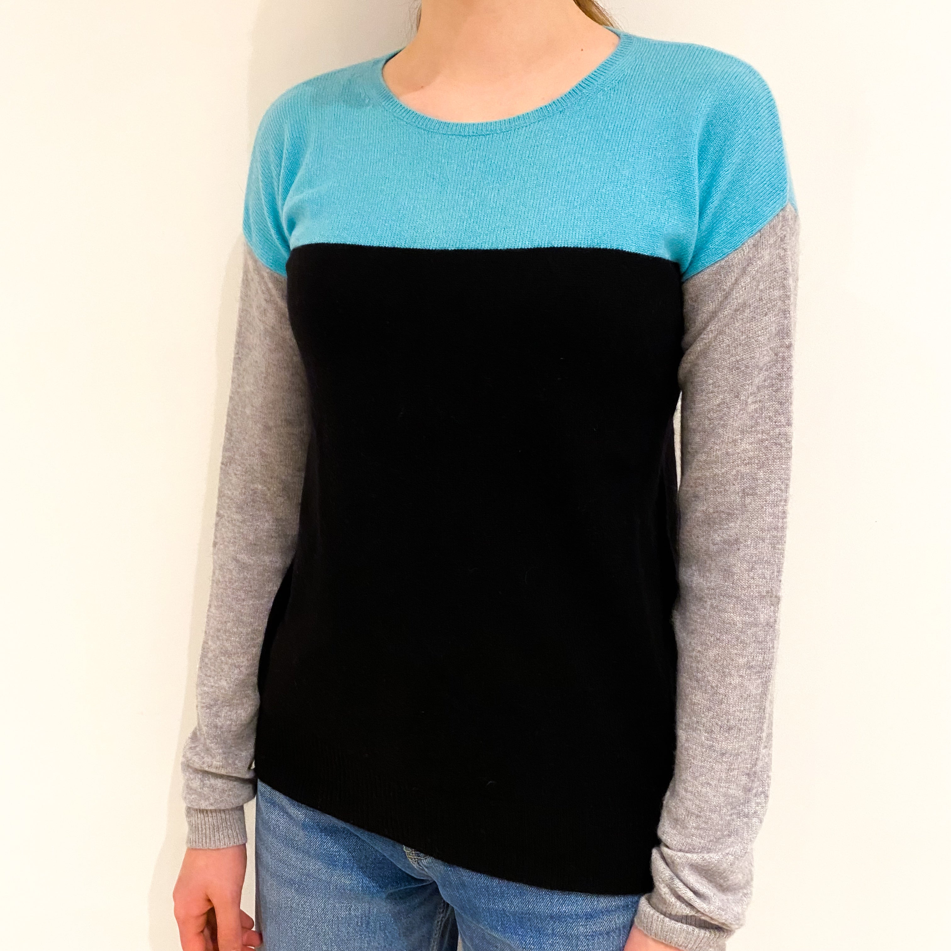 Grey, Black and Blue Colour Block Cashmere Crew Neck Jumper Extra Small