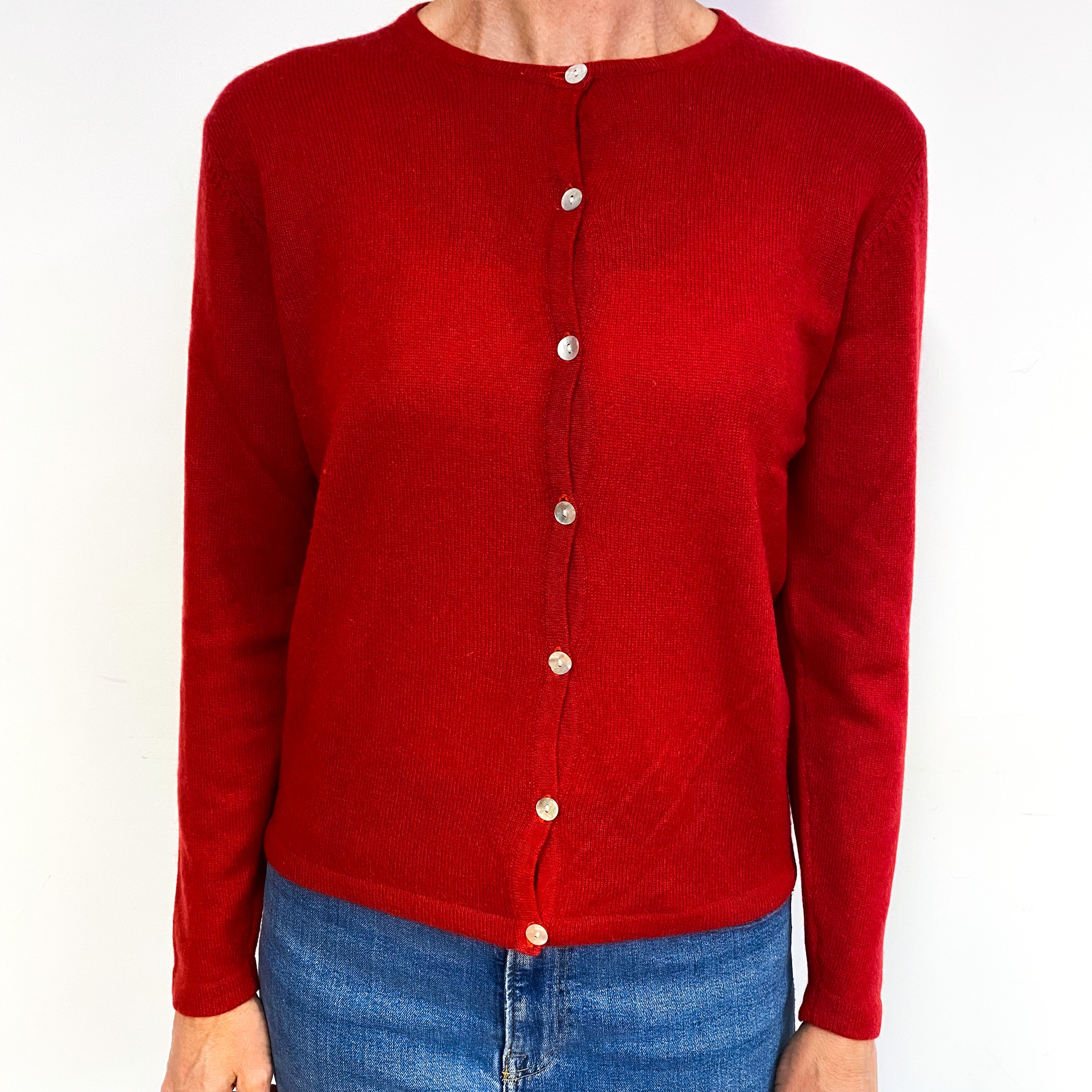 Post Box Red Cashmere Crew Neck Cardigan Medium