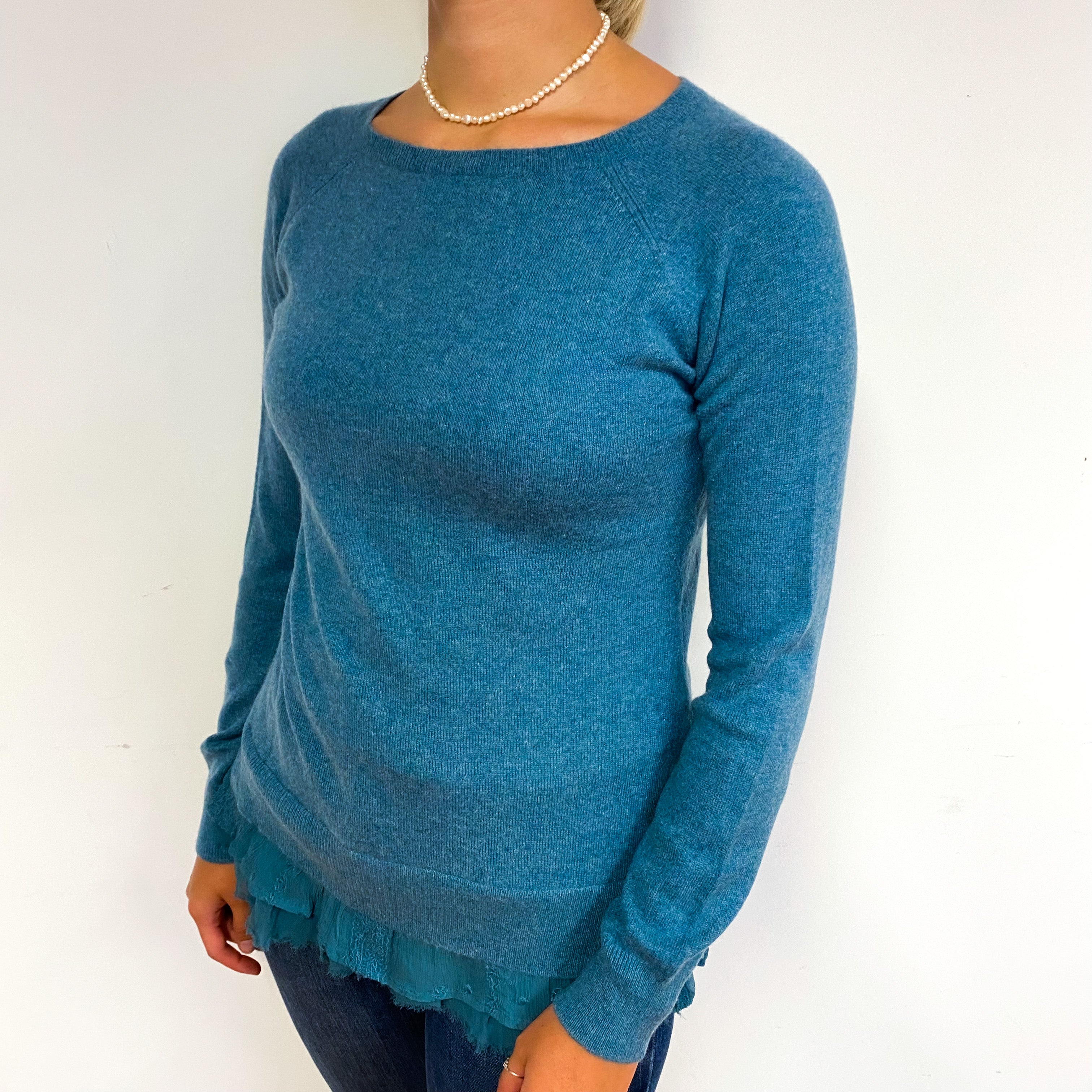 Deep Duck Egg Blue Cashmere Lace Crew Neck Jumper Small