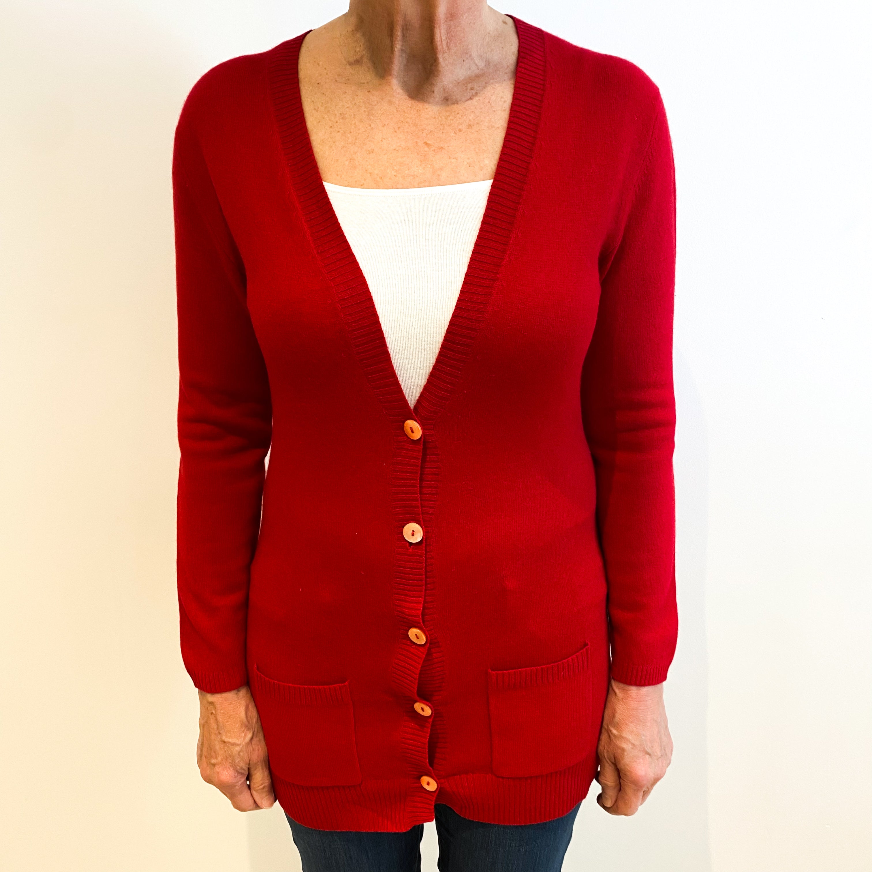 Scarlet Red Cashmere Longline V Neck Cardigan Medium