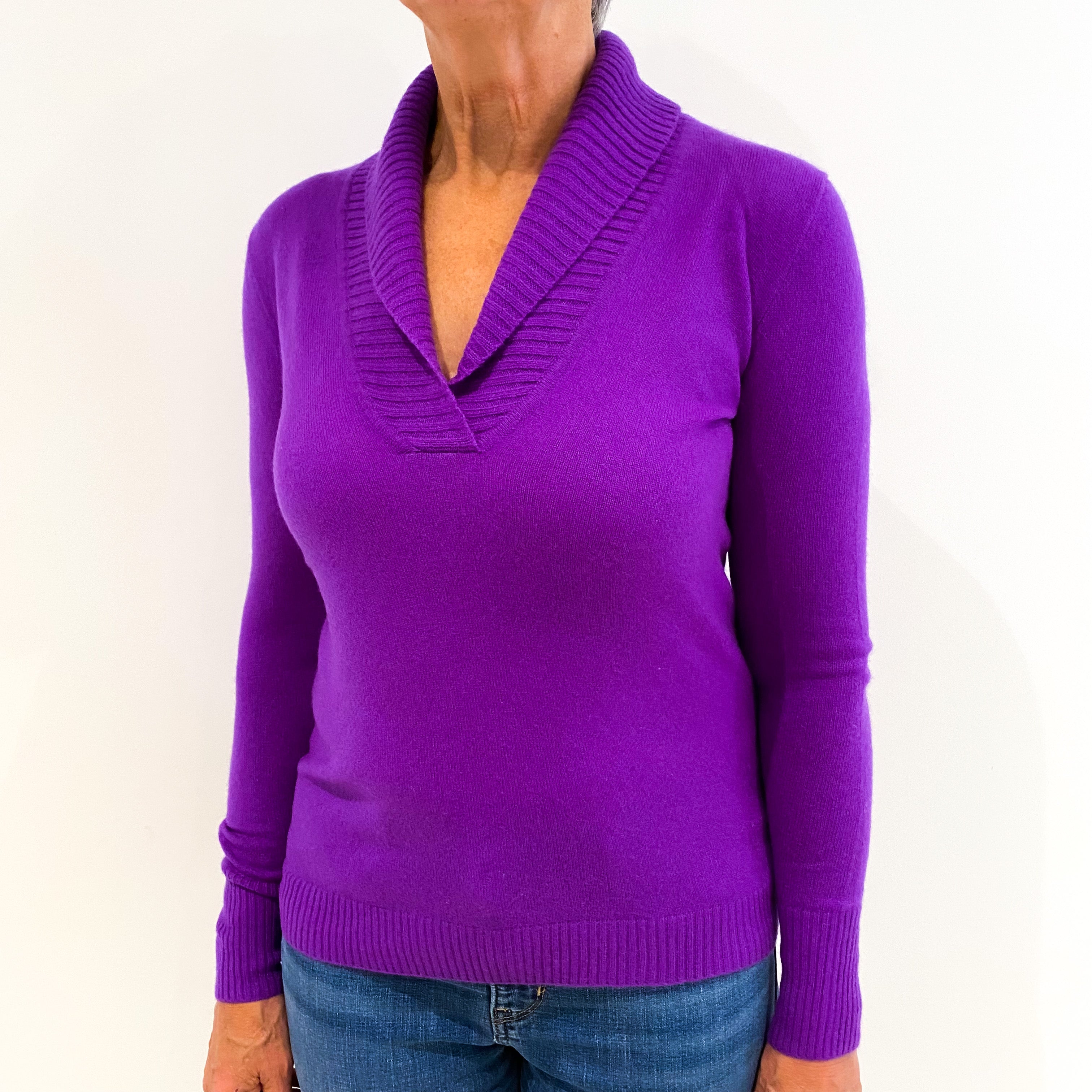 Violet Purple Ribbed Shawl Collar Cashmere V-Neck Jumper Medium