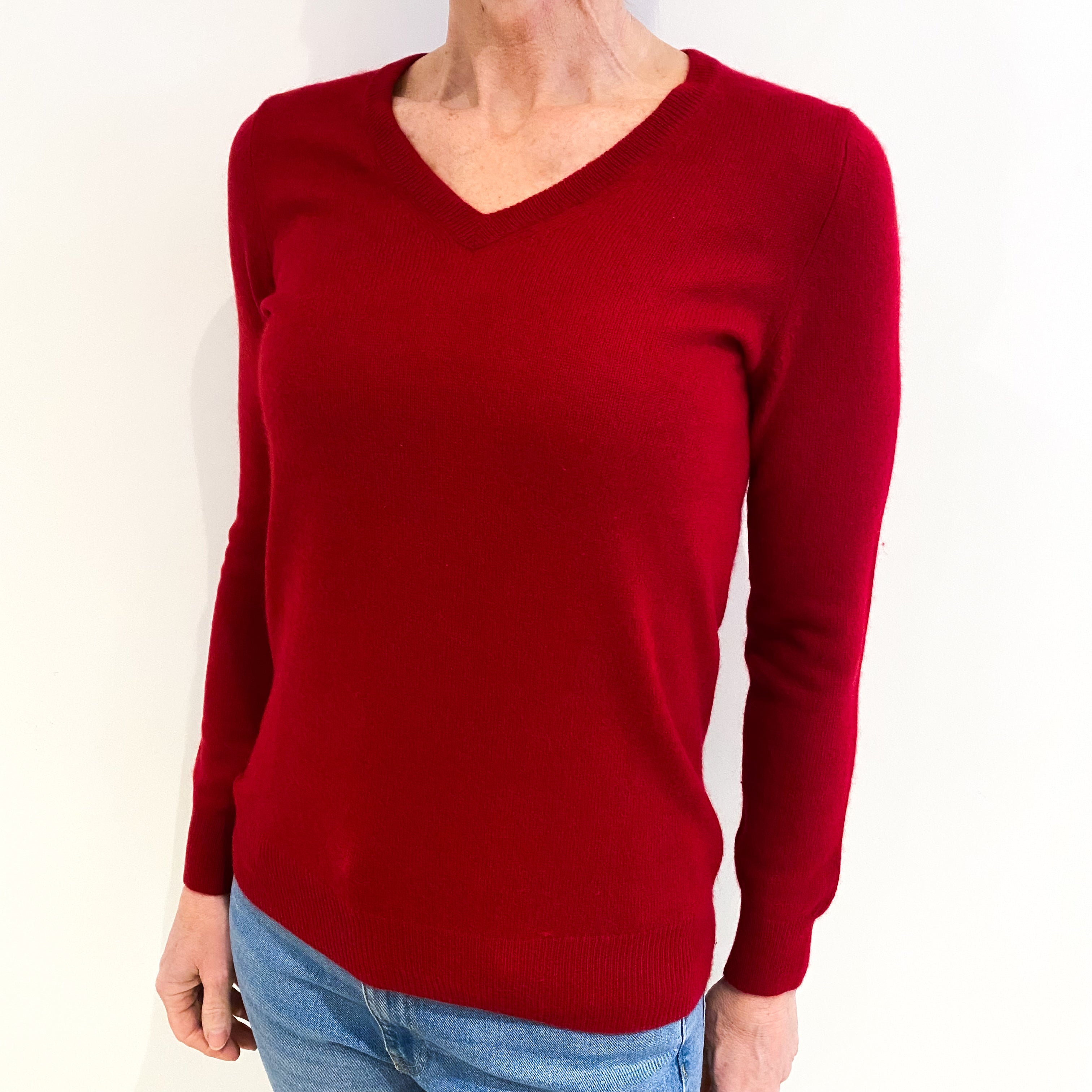 Post Box Red Cashmere V Neck Jumper Small