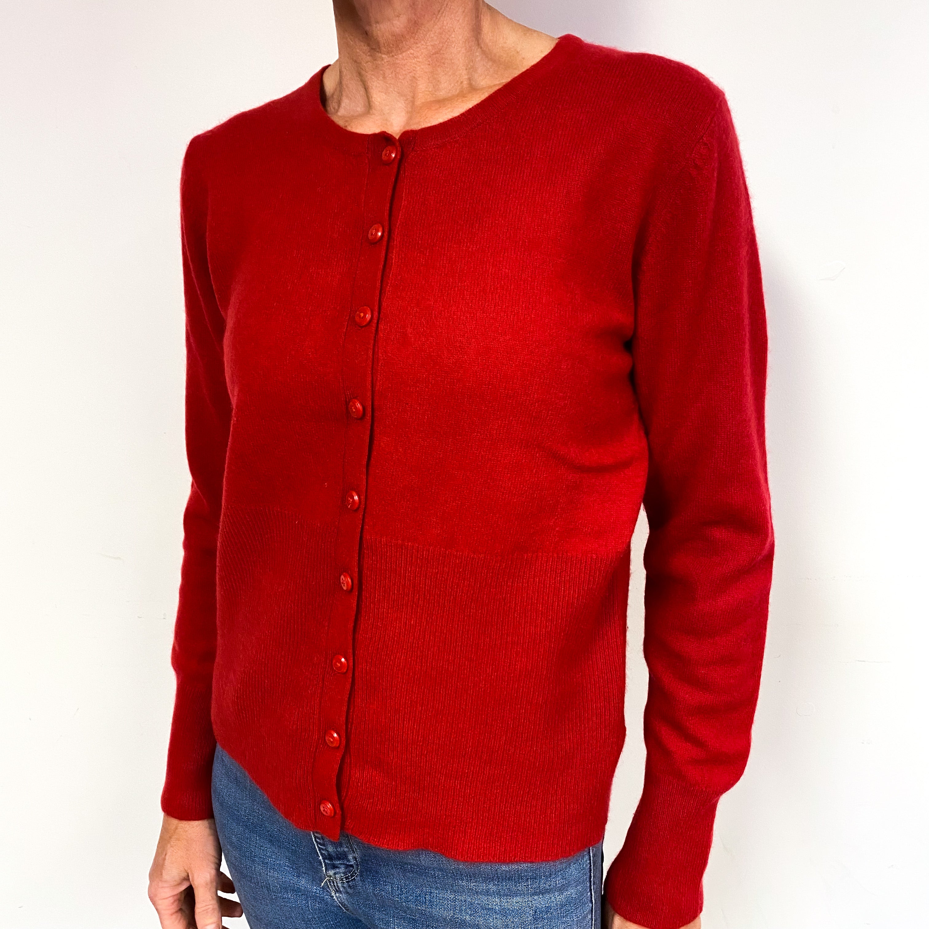 Post Box Red Cashmere Crew Neck Cardigan Medium