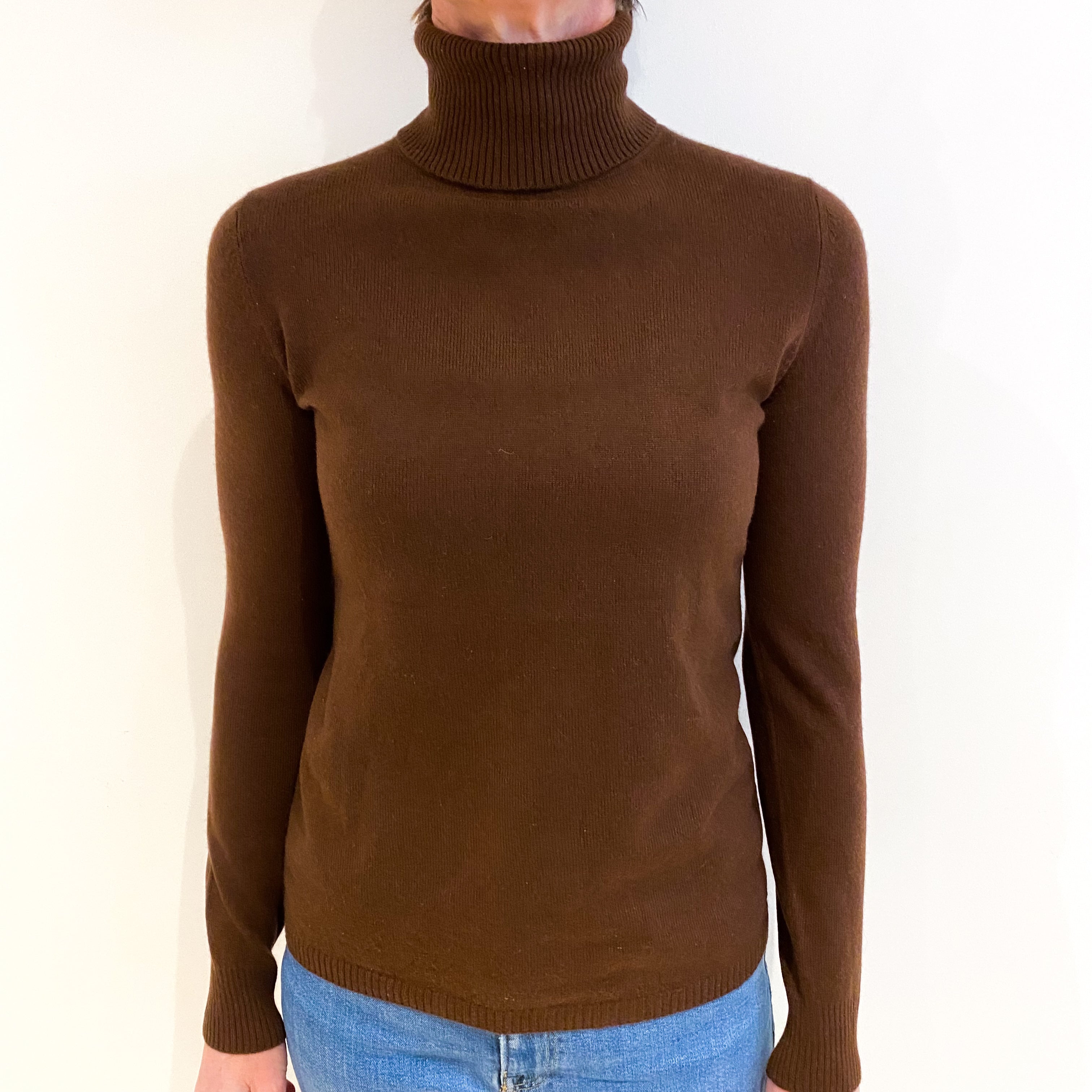 Umber Brown Cashmere Polo Neck Jumper Small