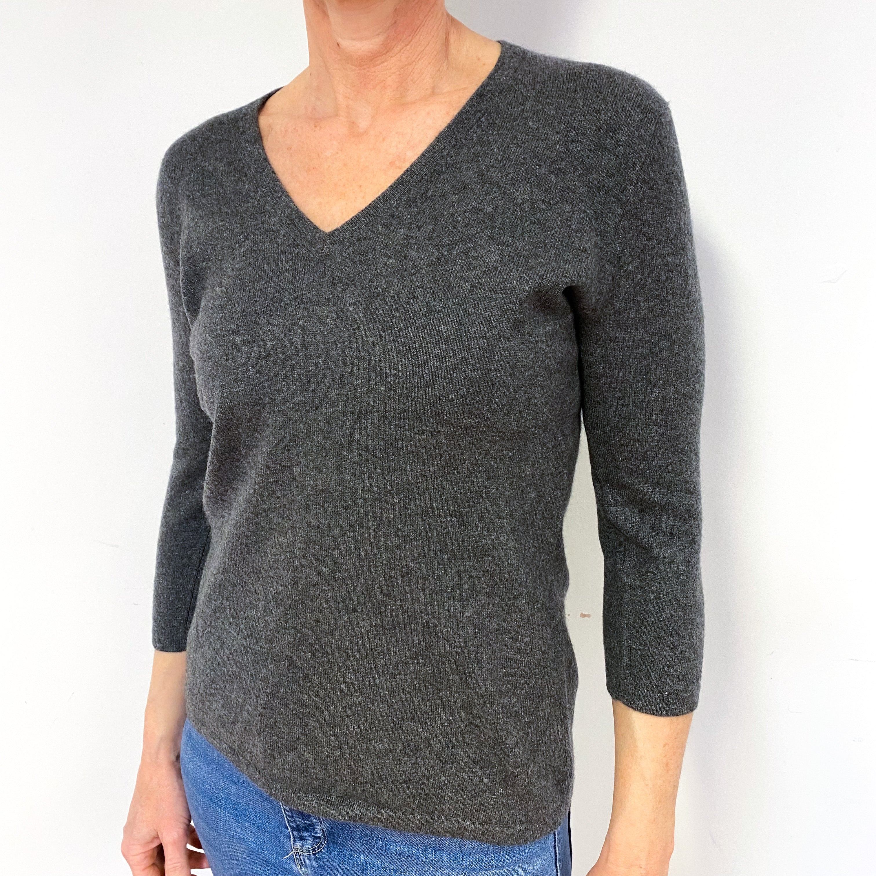 Slate Grey Cashmere V-Neck Jumper Medium