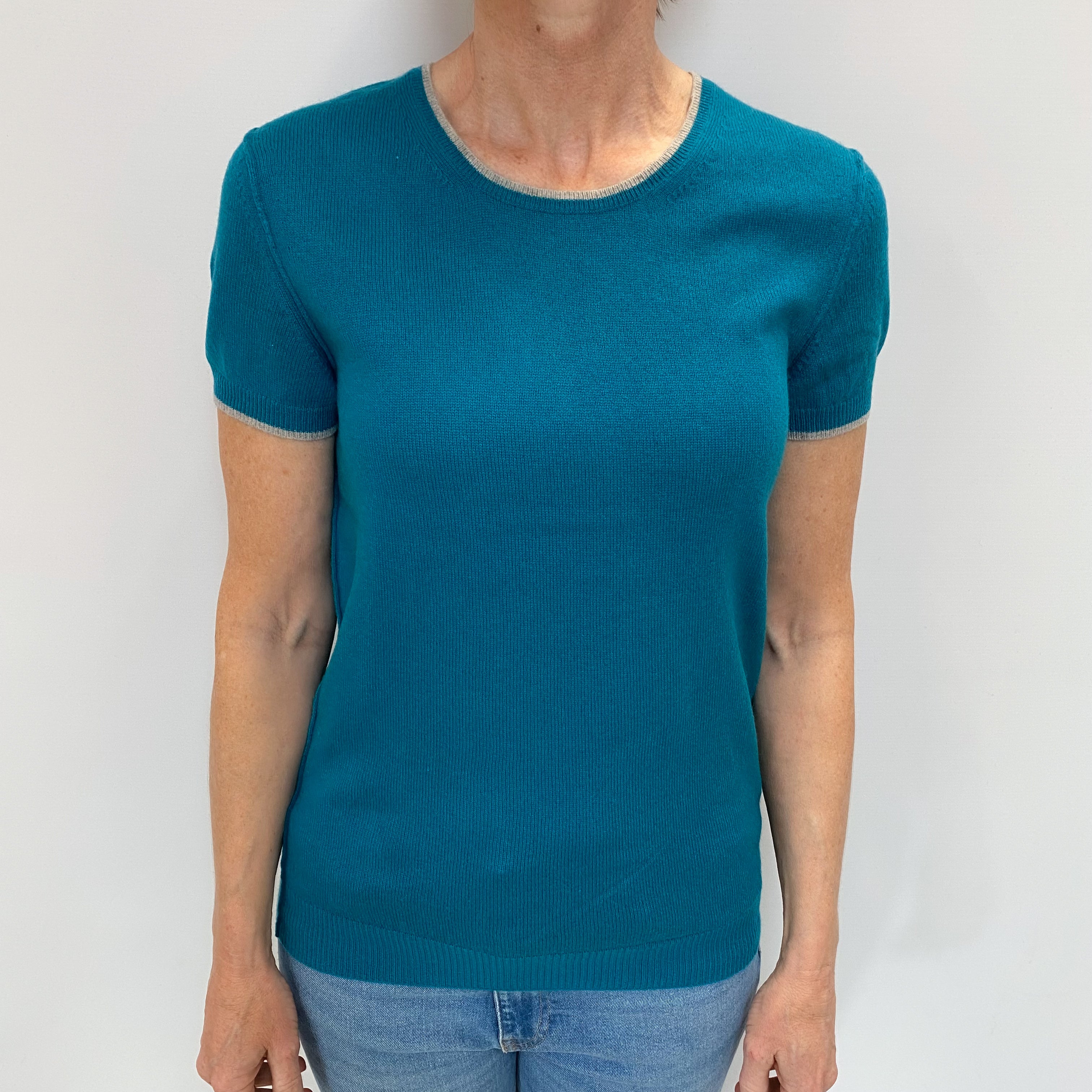 Teal Blue Cashmere Scoop Neck Short Sleeved Jumper Small