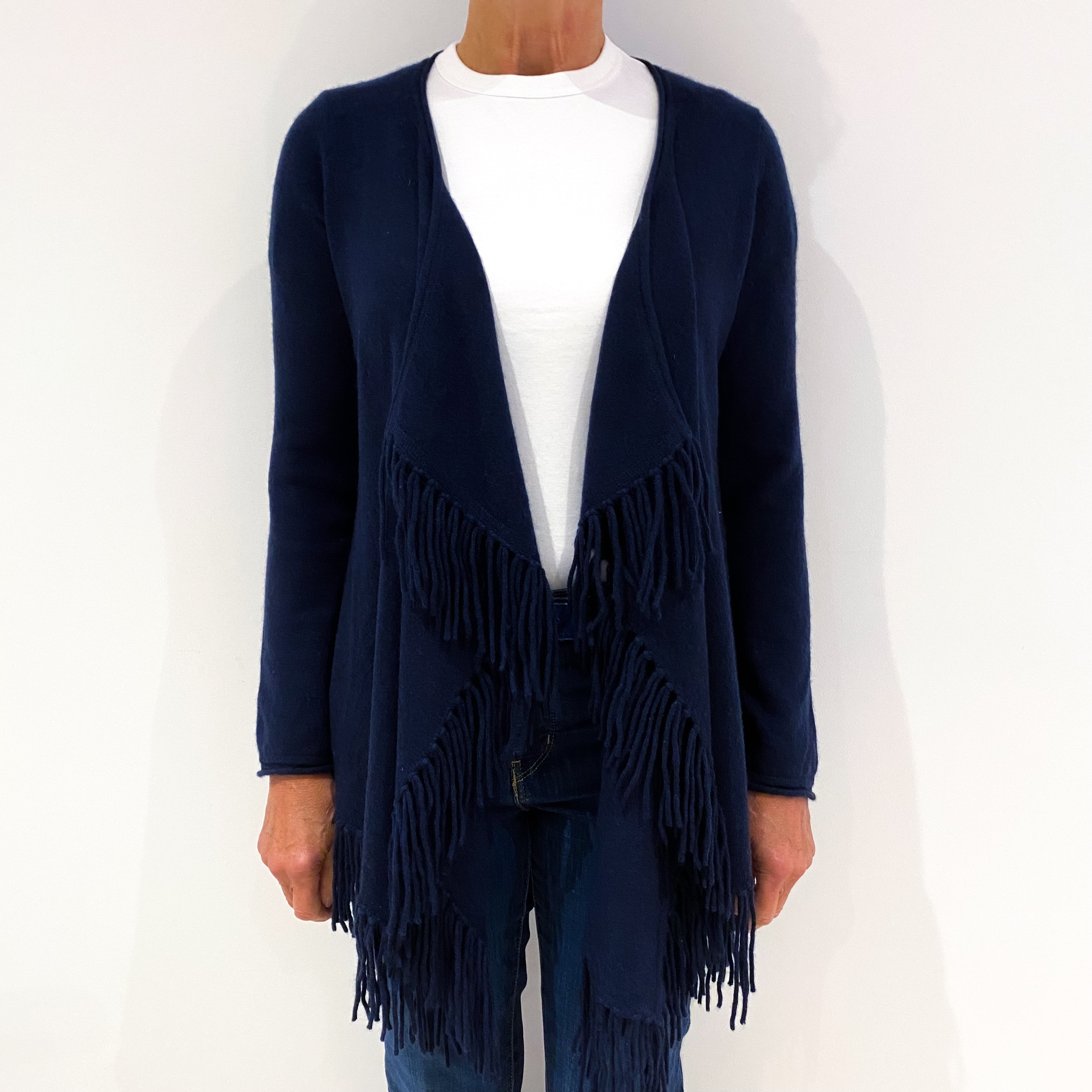 Navy Blue Fringed Cashmere Edge To Edge Cardigan Medium