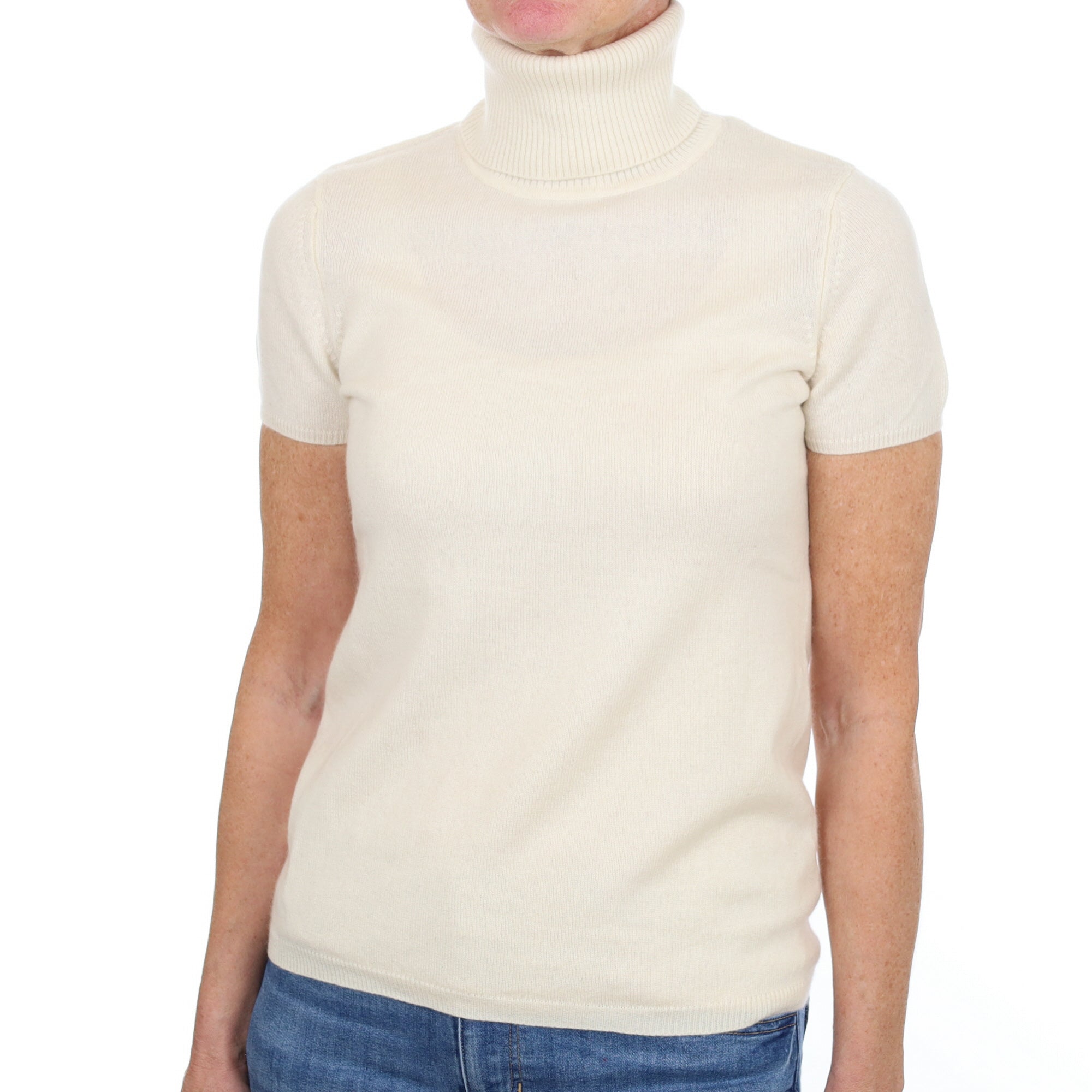 Vanilla Cream Cashmere Polo Neck Short Sleeved Jumper Small