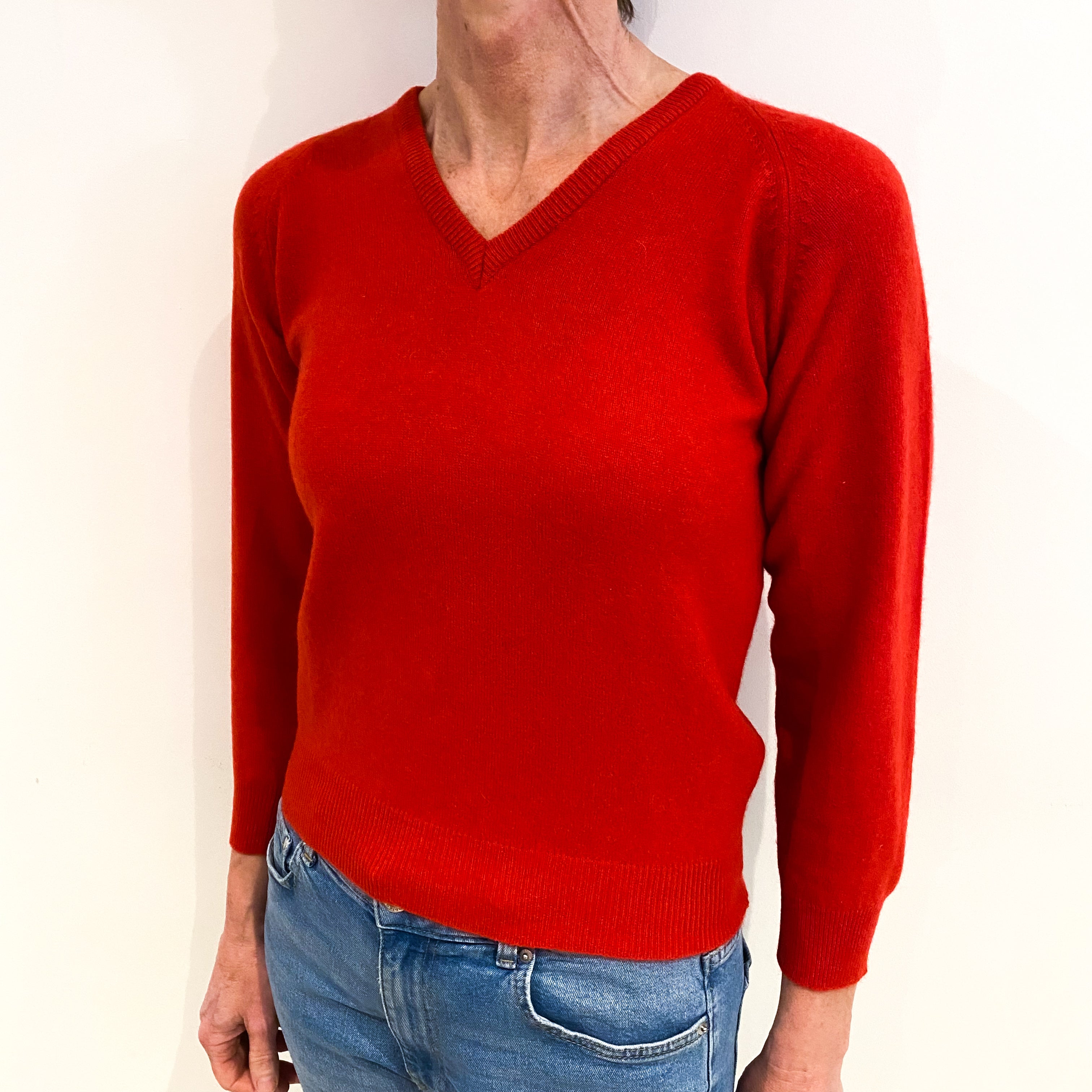 Vintage Vermillion Red Cashmere V Neck Jumper Small