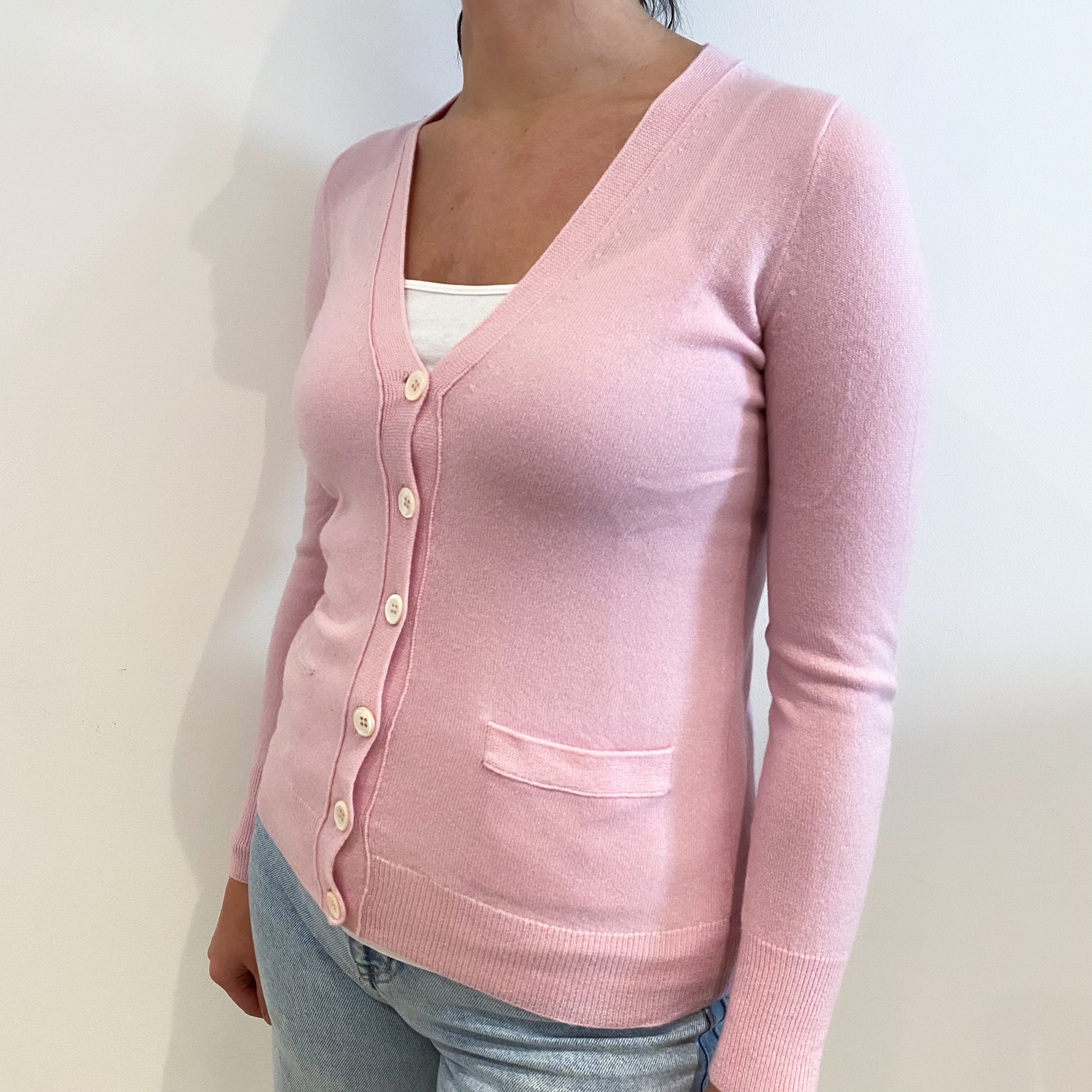 Carnation Pink Cashmere V-Neck Cardigan with Pockets Small