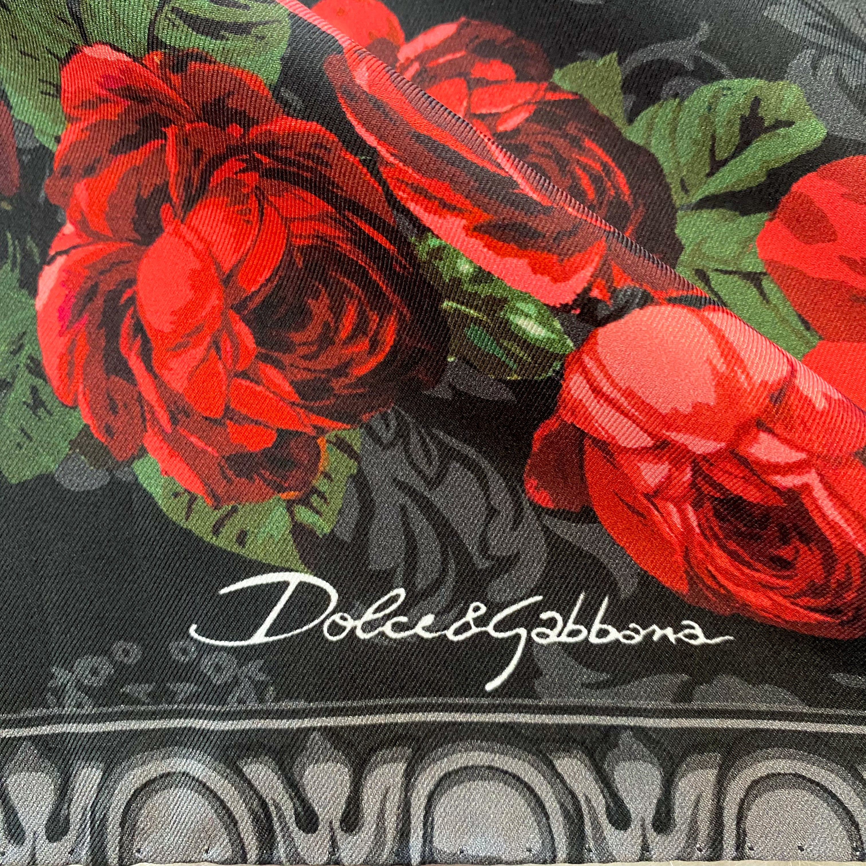 Unworn Dolce & Gabbana Black and Red Rose Designer Silk Scarf