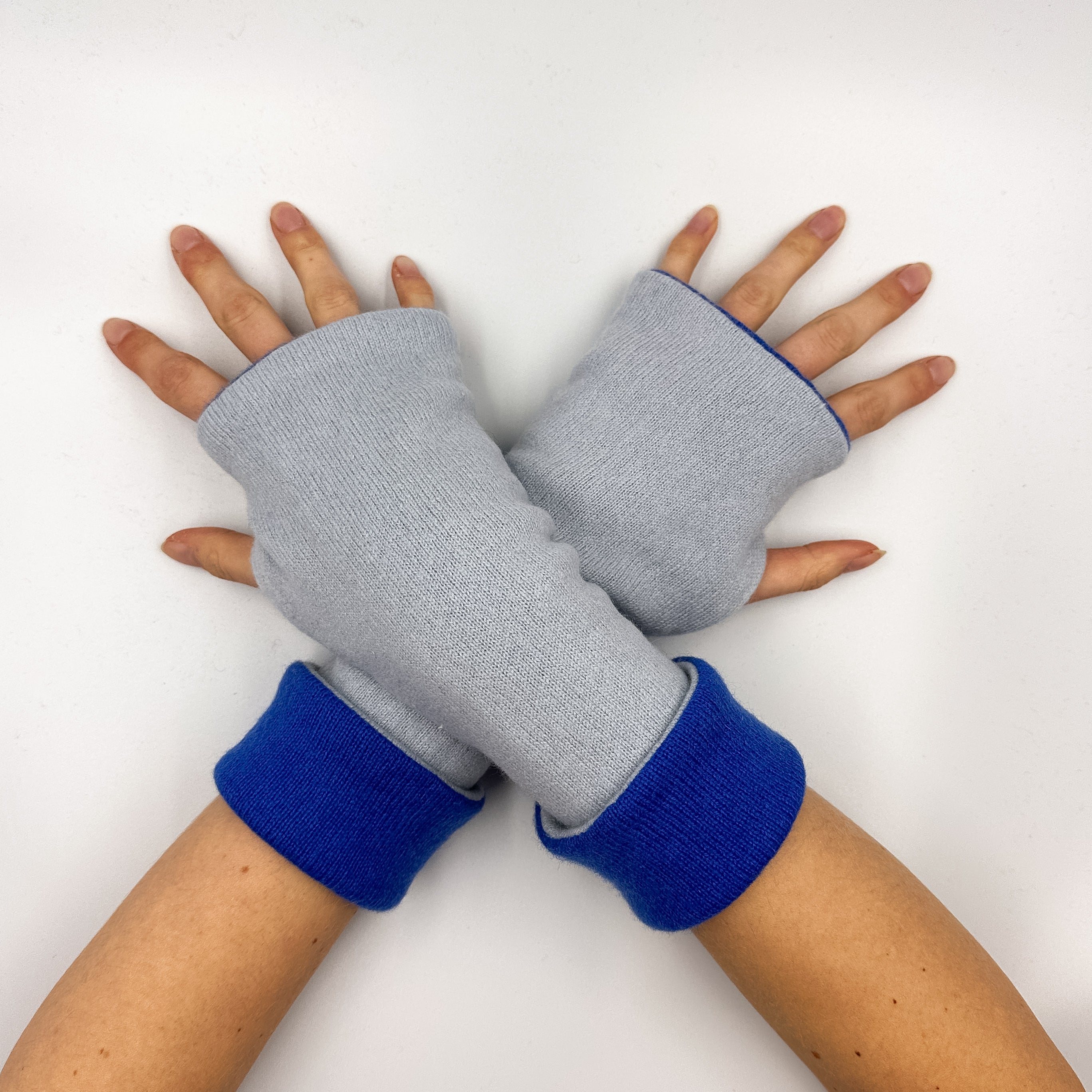 Pale and Cobalt Blue Luxury Reversible Cashmere Fingerless Gloves