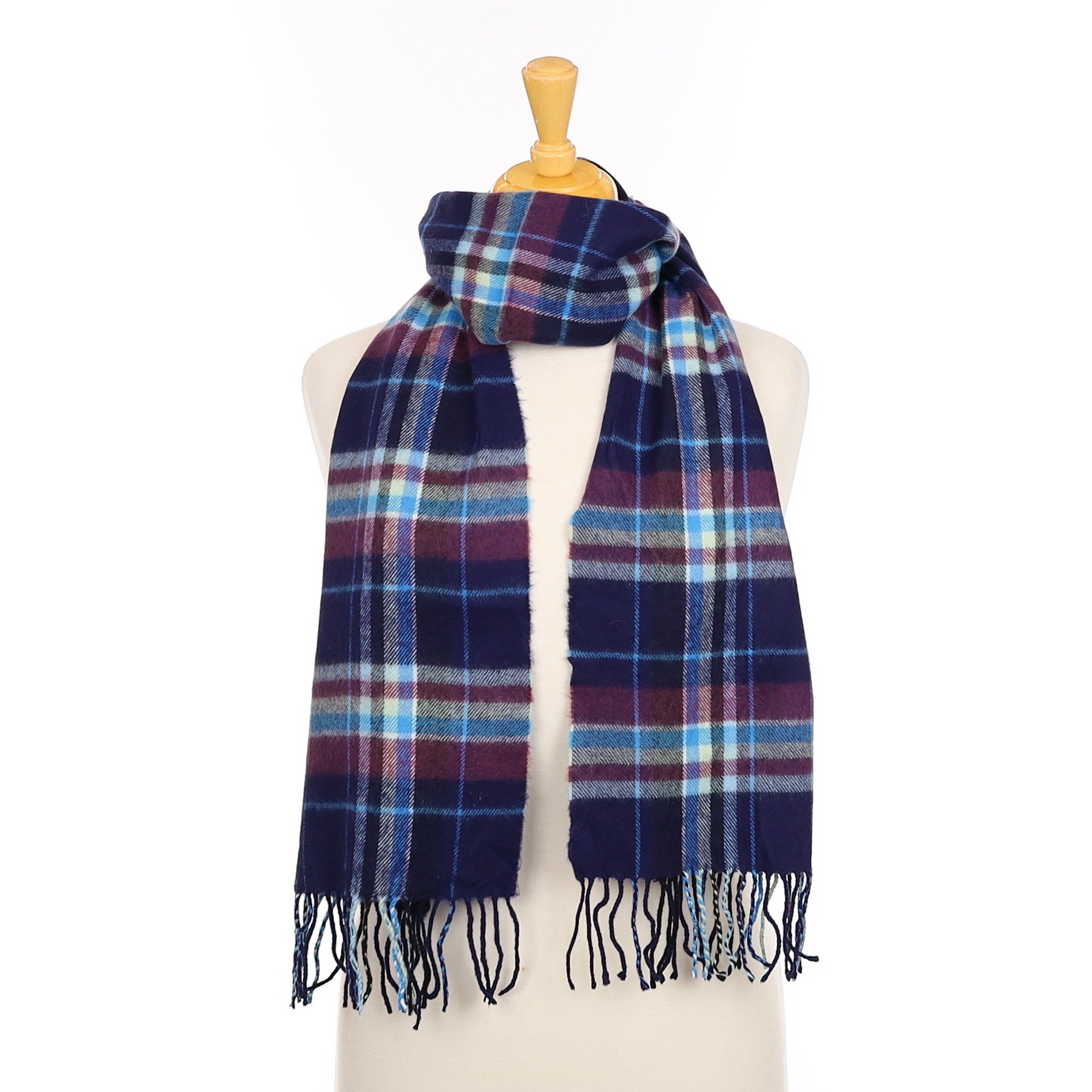 French Navy and Plum Checked Cashmere Fringed Woven Scarf