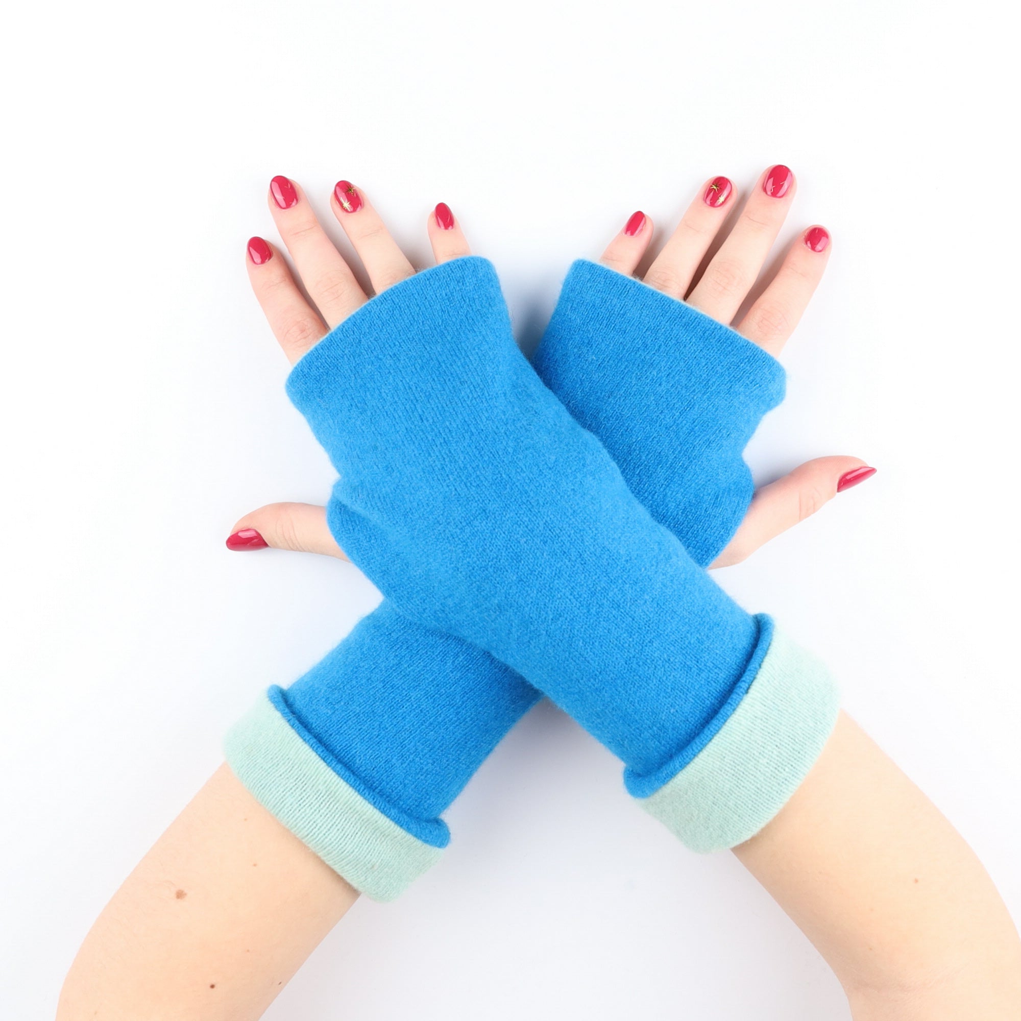 Mediterranean Blue and Mint Luxury Reversible Cashmere Fingerless Gloves